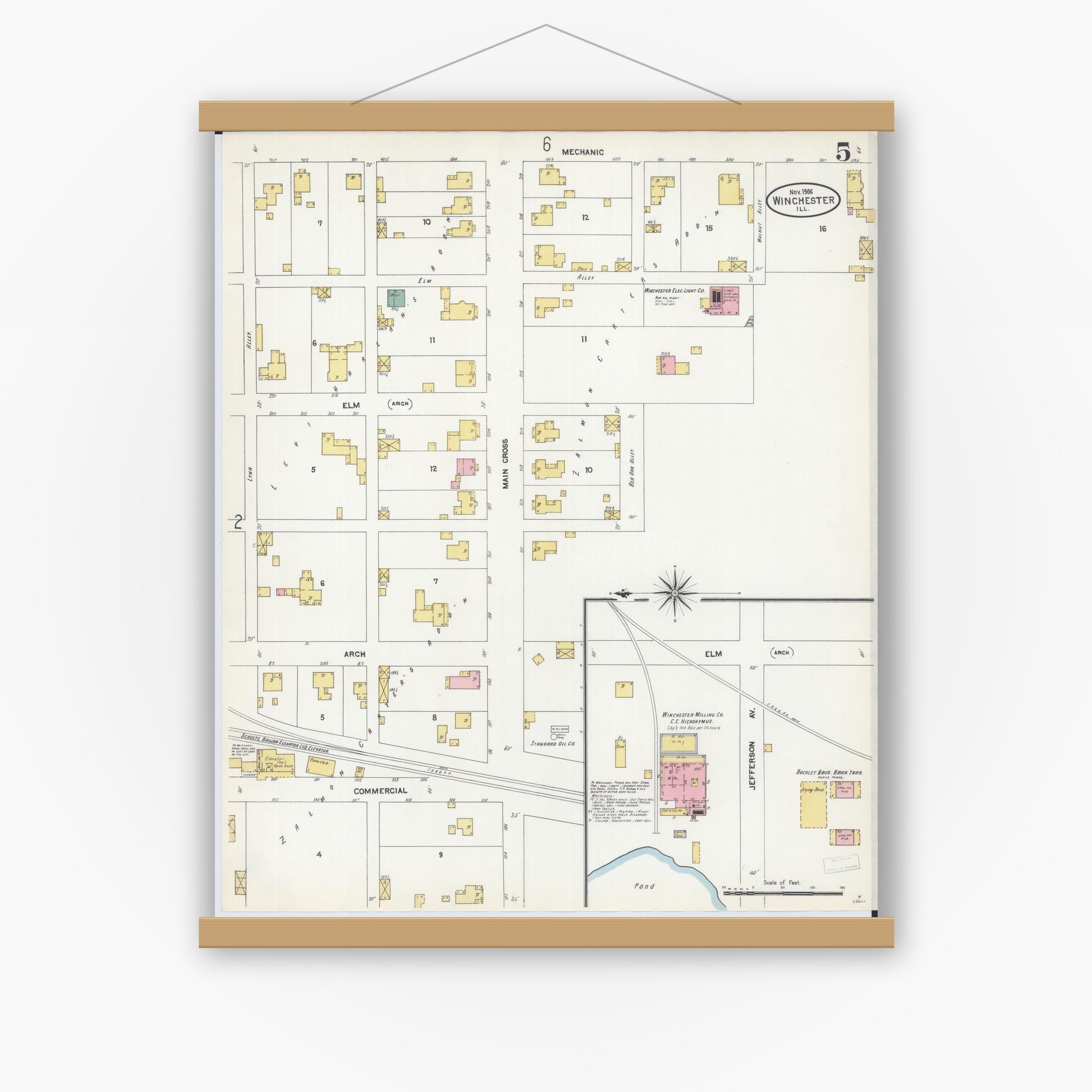 Old map wall art mockup — magnetic wood frame on white wall — Sanborn Fire Insurance Map from Winchester, Scott County, Illinois (1906), Sheet #0005