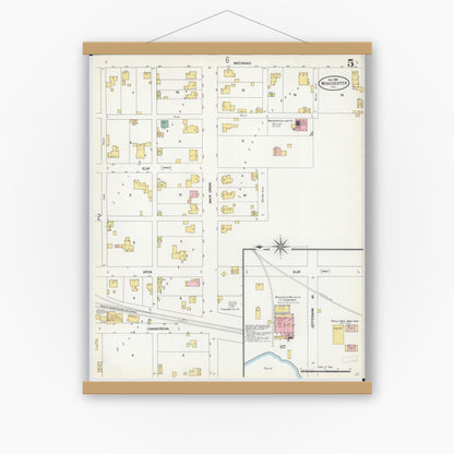 Old map wall art mockup — magnetic wood frame on white wall — Sanborn Fire Insurance Map from Winchester, Scott County, Illinois (1906), Sheet #0005