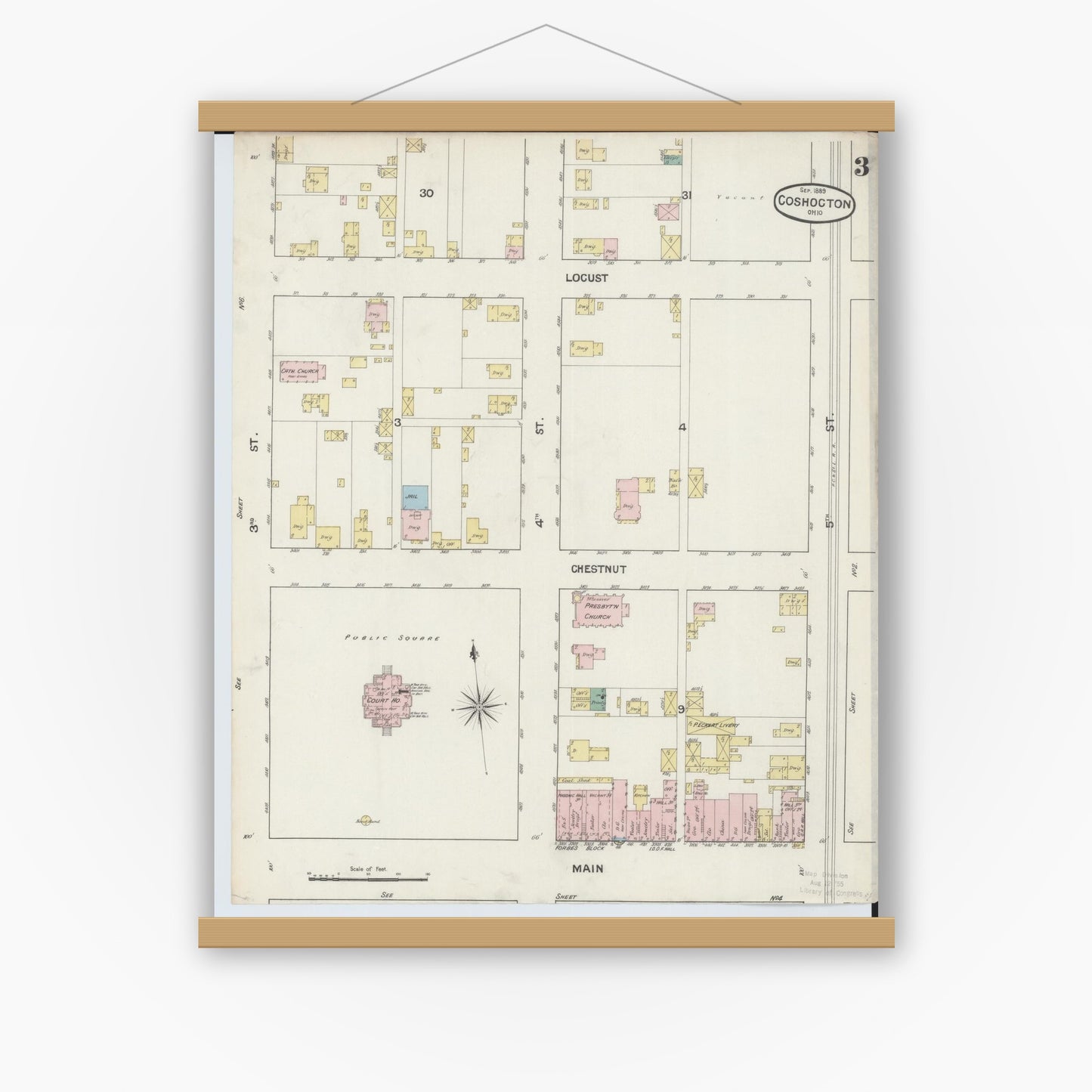 Old map wall art mockup — magnetic wood frame on white wall — Sanborn Fire Insurance Map from Coshocton, Coshocton County, Ohio (1889), Sheet #0003