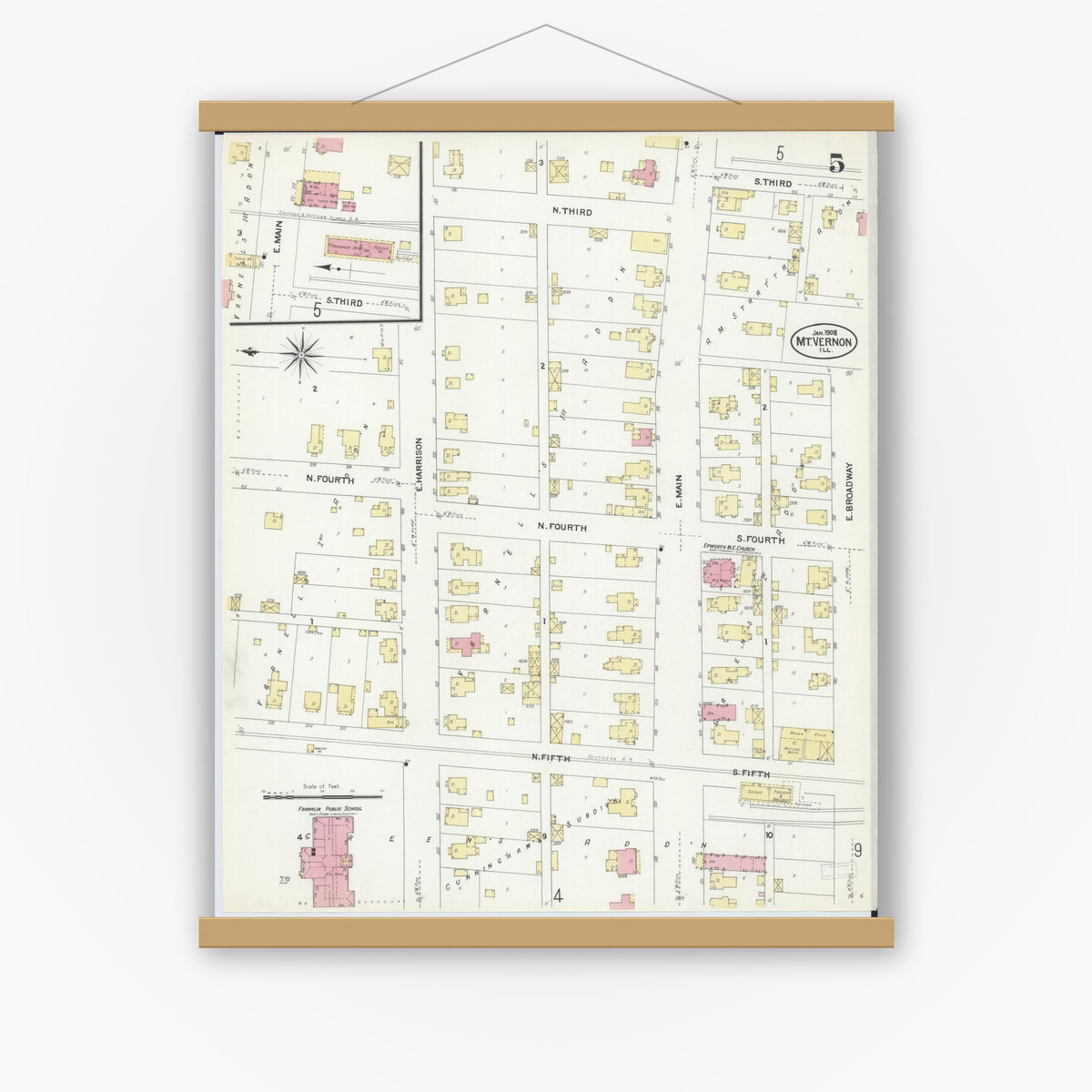Old map wall art mockup — magnetic wood frame on white wall — Sanborn Fire Insurance Map from Mount Vernon, Jefferson County, Illinois (1908), Sheet #0005