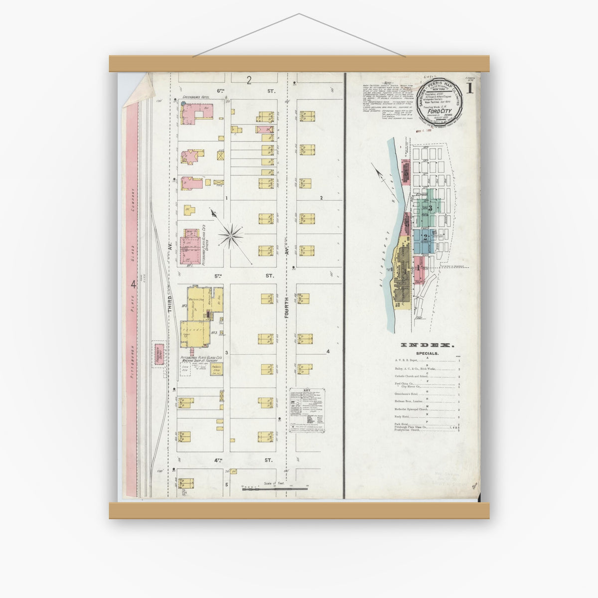 Old map wall art mockup — magnetic wood frame on white wall — Sanborn Fire Insurance Map from Ford City, Armstrong County, Pennsylvania (1899) - Complete Map Set