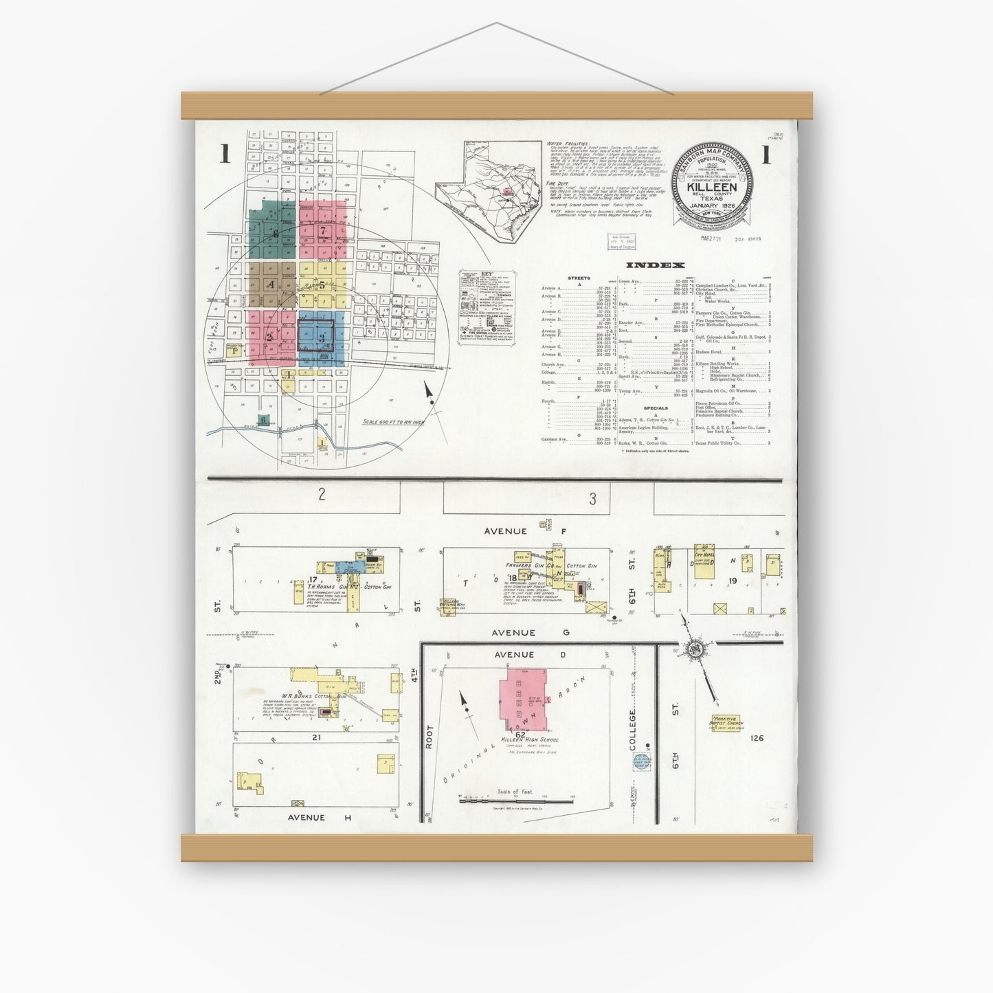 Old map wall art mockup — magnetic wood frame on white wall — Sanborn Fire Insurance Map from Killeen, Bell County, Texas (1926), Sheet #0001