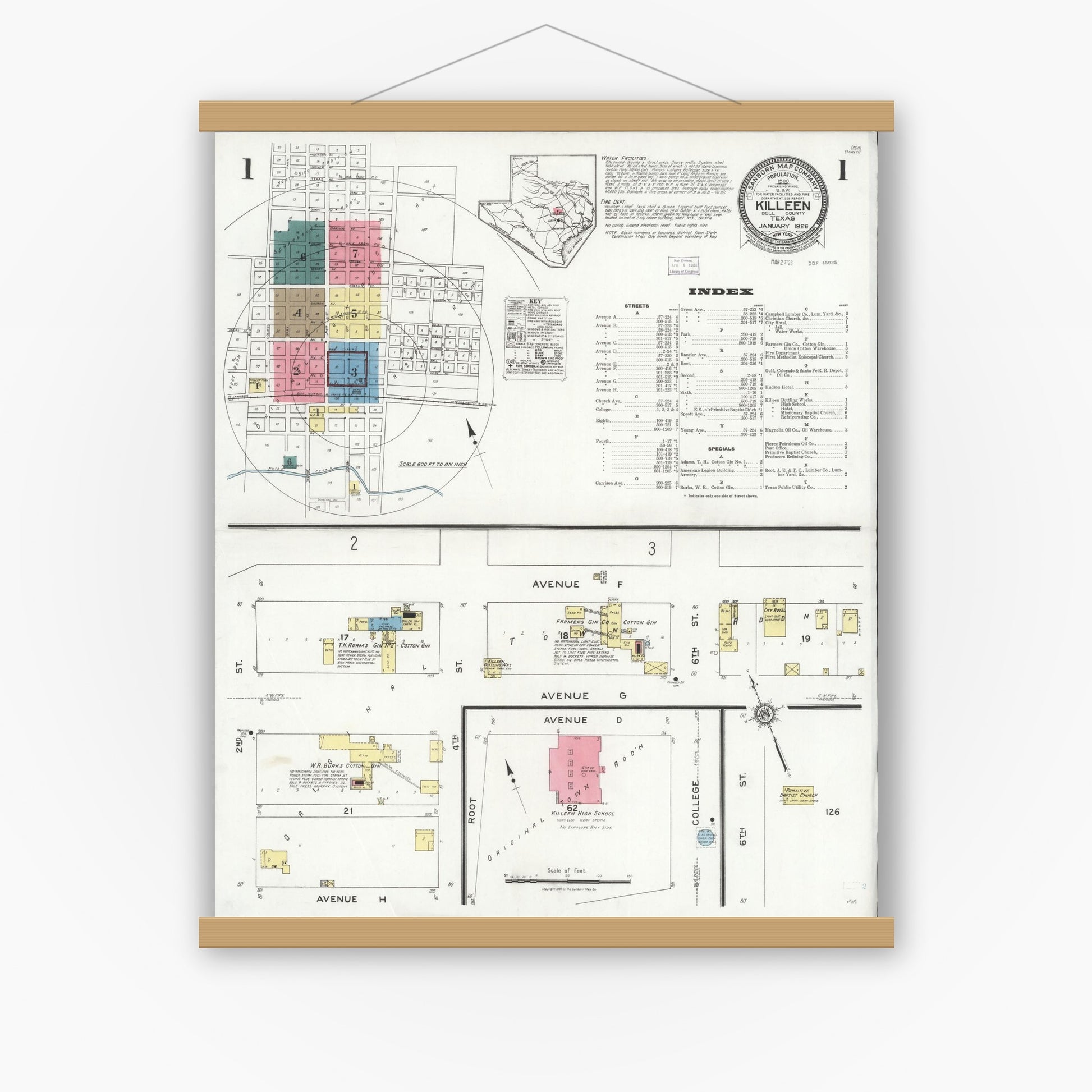 Old map wall art mockup — magnetic wood frame on white wall — Sanborn Fire Insurance Map from Killeen, Bell County, Texas (1926), Sheet #0001