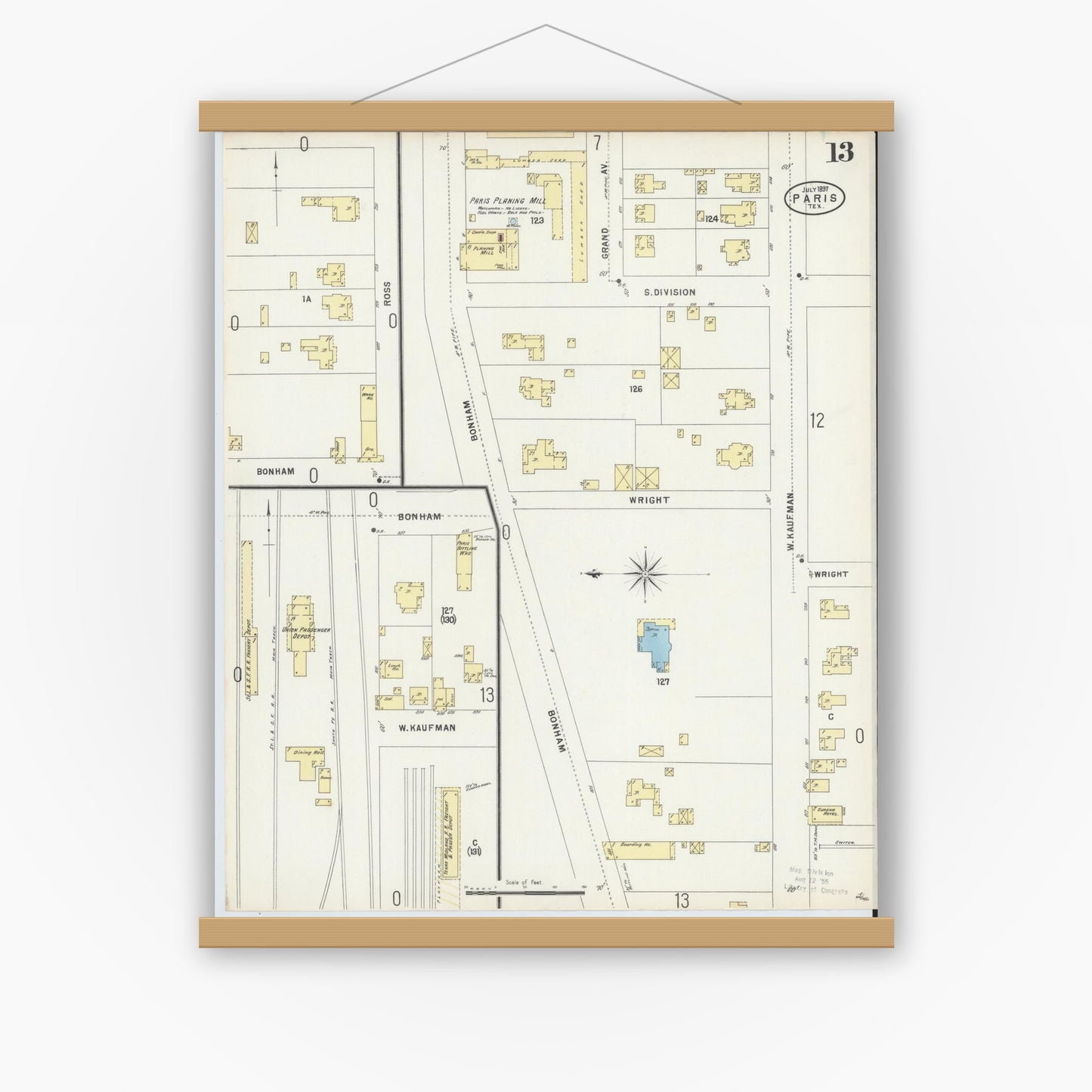Old map wall art mockup — magnetic wood frame on white wall — Sanborn Fire Insurance Map from Paris, Lamar County, Texas (1897), Sheet #0013