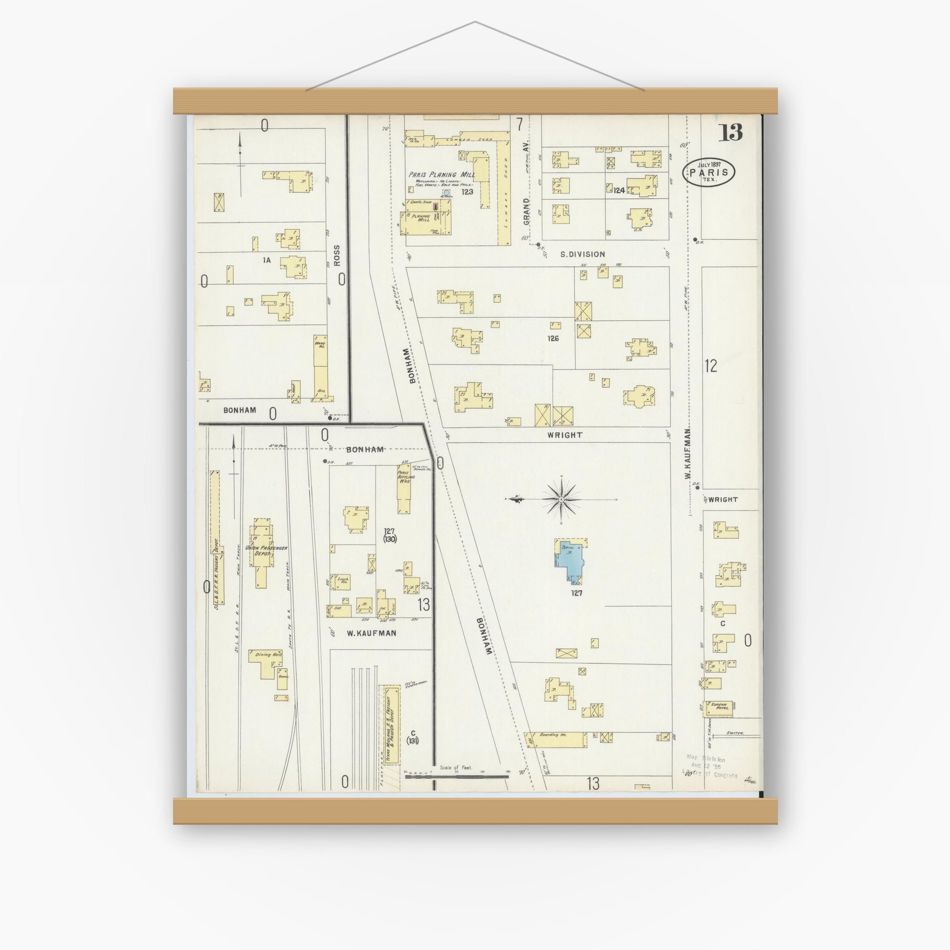Old map wall art mockup — magnetic wood frame on white wall — Sanborn Fire Insurance Map from Paris, Lamar County, Texas (1897), Sheet #0013
