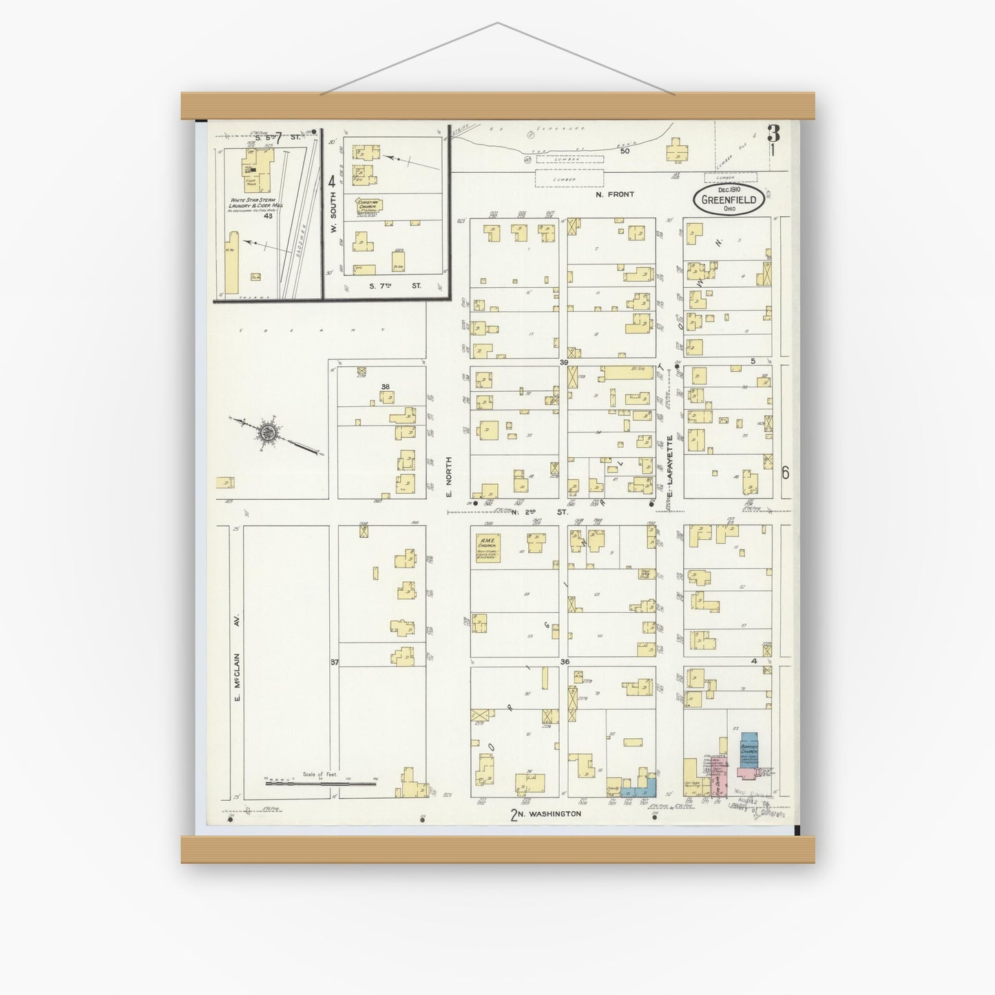 Old map wall art mockup — magnetic wood frame on white wall — Sanborn Fire Insurance Map from Greenfield, Highland County, Ohio (1910), Sheet #0003