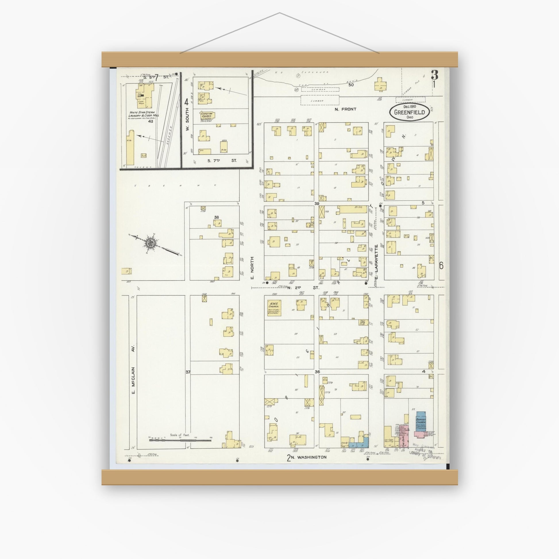 Old map wall art mockup — magnetic wood frame on white wall — Sanborn Fire Insurance Map from Greenfield, Highland County, Ohio (1910), Sheet #0003