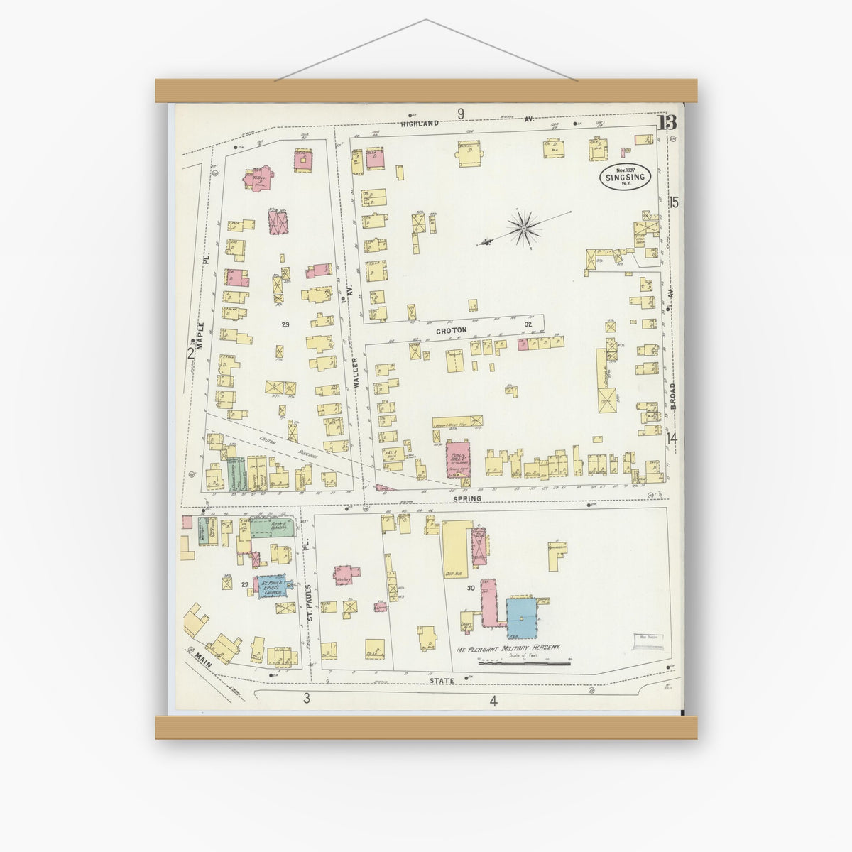 Old map wall art mockup — magnetic wood frame on white wall — Sanborn Fire Insurance Map from Sing Sing, Westchester County, New York (1897), Sheet #0013