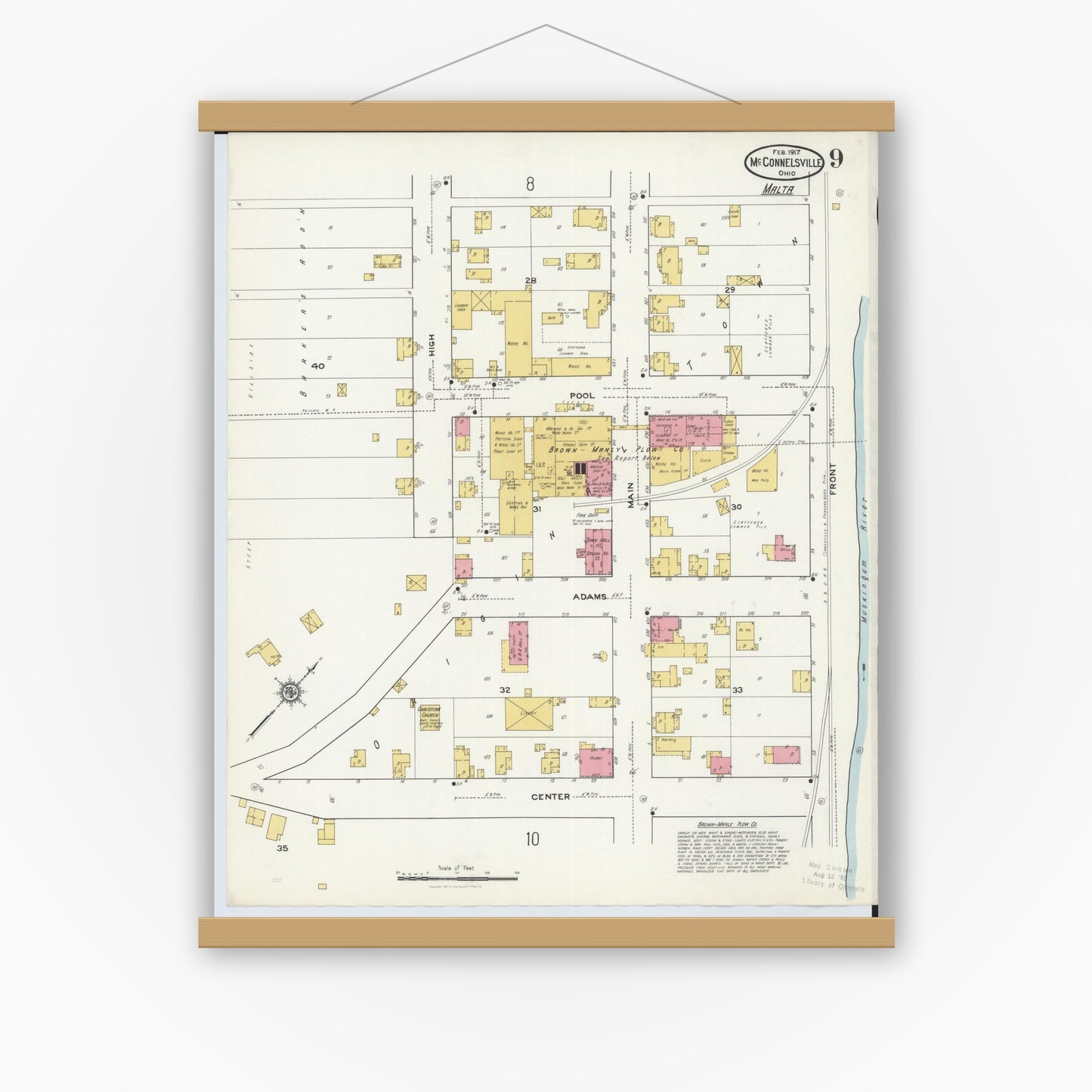 Old map wall art mockup — magnetic wood frame on white wall — Sanborn Fire Insurance Map from McConnelsville, Morgan County, Ohio (1917), Sheet #0009