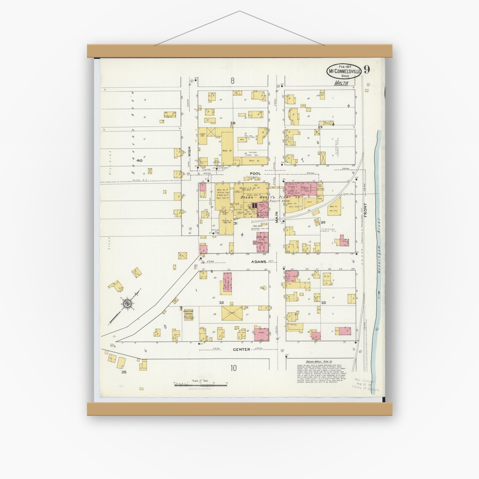Old map wall art mockup — magnetic wood frame on white wall — Sanborn Fire Insurance Map from McConnelsville, Morgan County, Ohio (1917), Sheet #0009