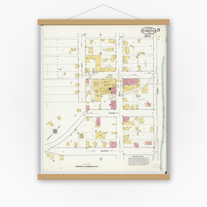 Old map wall art mockup — magnetic wood frame on white wall — Sanborn Fire Insurance Map from McConnelsville, Morgan County, Ohio (1917), Sheet #0009