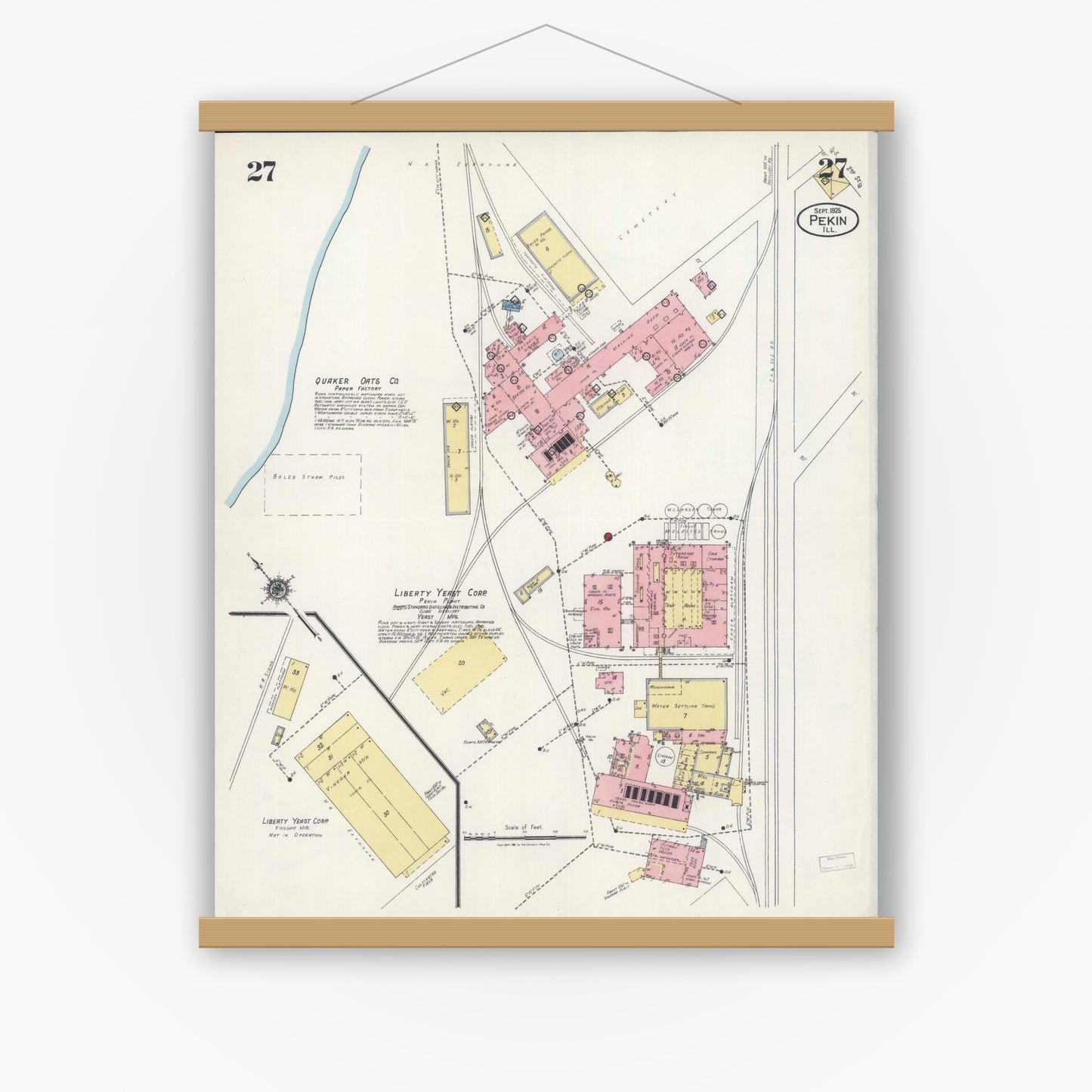 Old map wall art mockup — magnetic wood frame on white wall — Sanborn Fire Insurance Map from Pekin, Tazewell County, Illinois (1925), Sheet #0027
