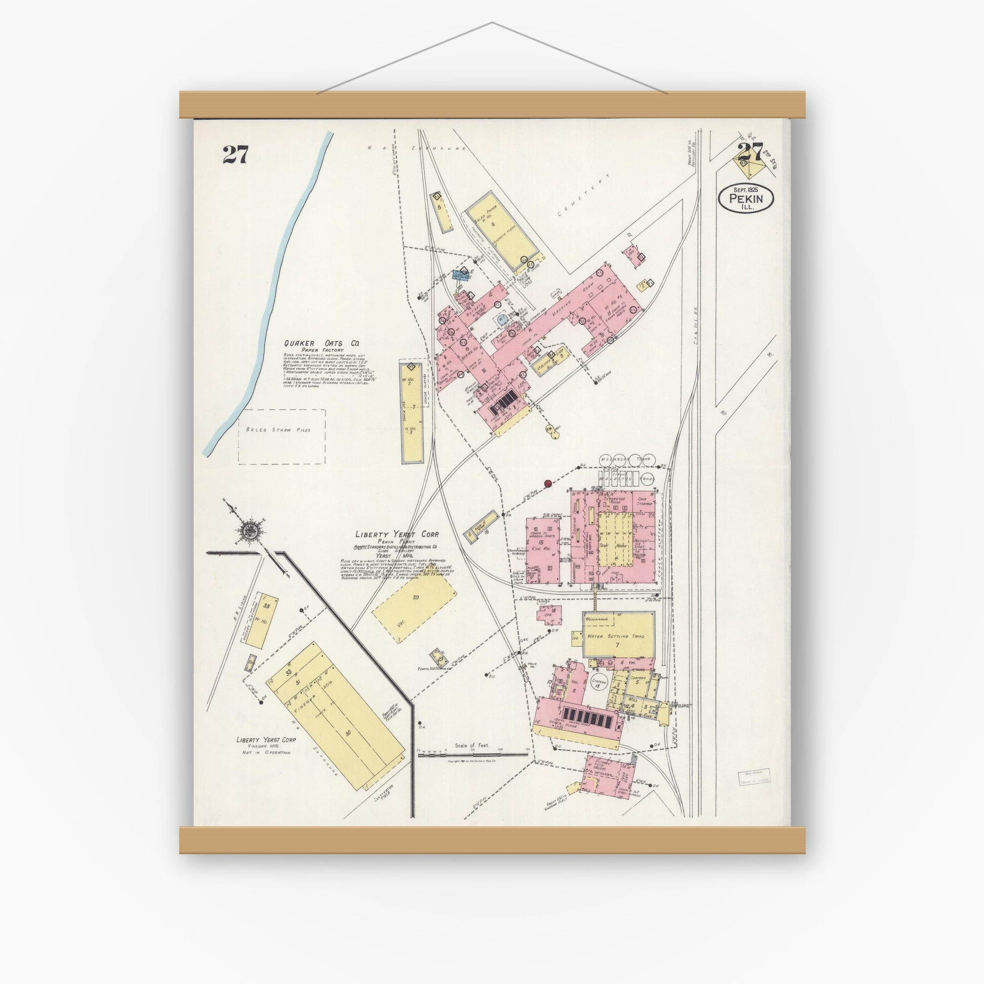 Old map wall art mockup — magnetic wood frame on white wall — Sanborn Fire Insurance Map from Pekin, Tazewell County, Illinois (1925), Sheet #0027