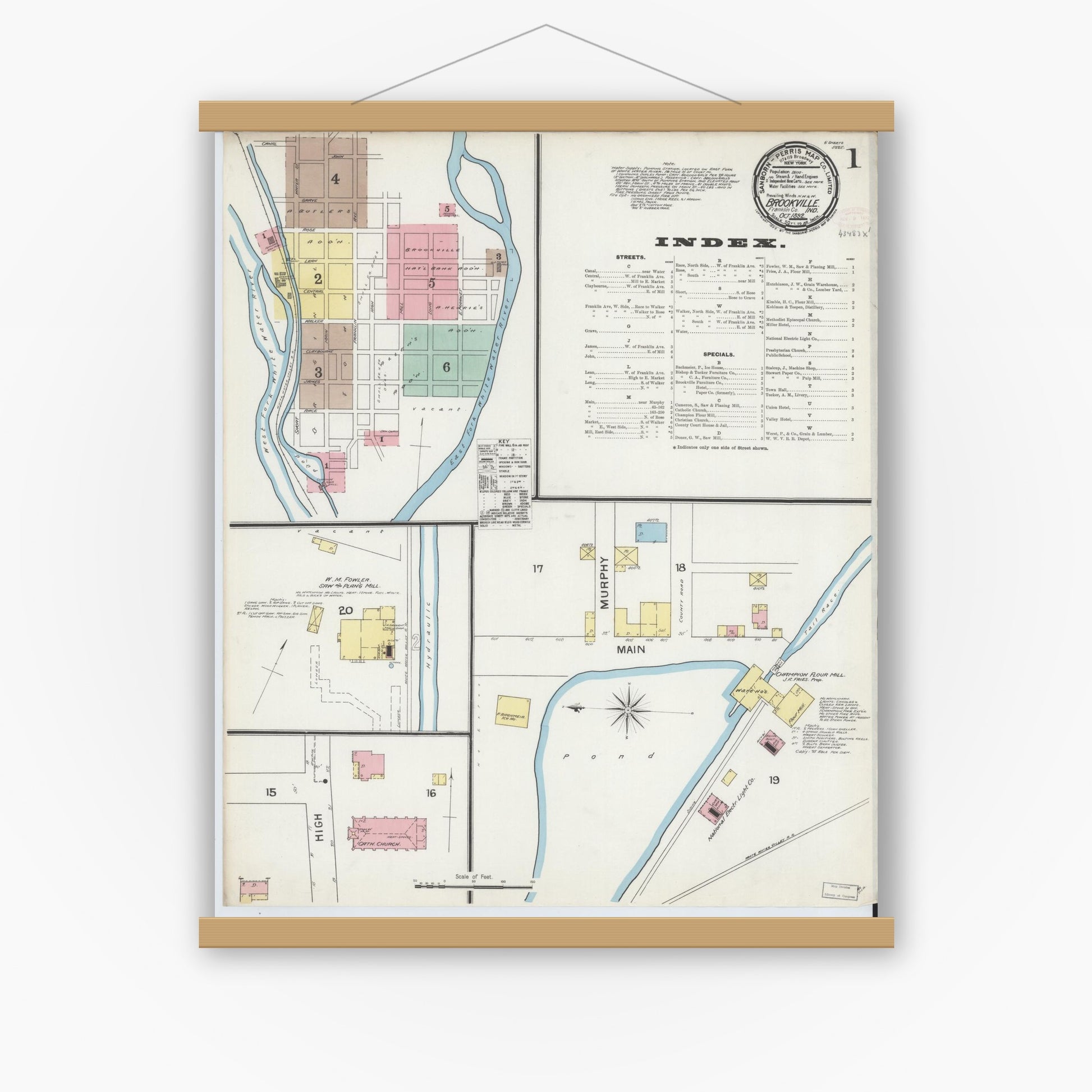 Old map wall art mockup — magnetic wood frame on white wall — Sanborn Fire Insurance Map from Brookville, Franklin County, Indiana (1892) - Complete Map Set