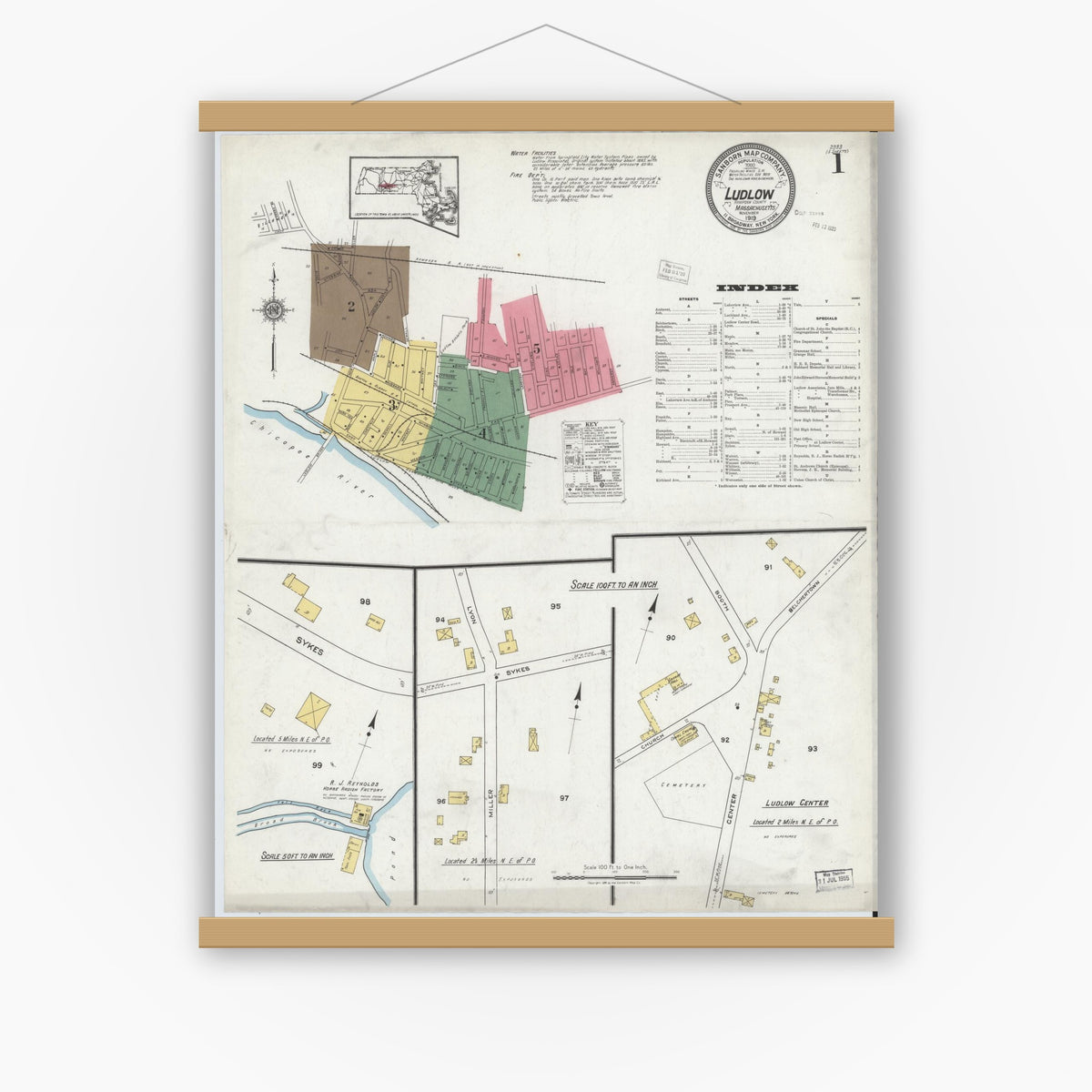 Old map wall art mockup — magnetic wood frame on white wall — Sanborn Fire Insurance Map from Ludlow, Hampden County, Massachusetts (1919) - Complete Map Set