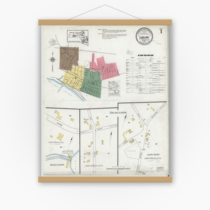 Old map wall art mockup — magnetic wood frame on white wall — Sanborn Fire Insurance Map from Ludlow, Hampden County, Massachusetts (1919) - Complete Map Set