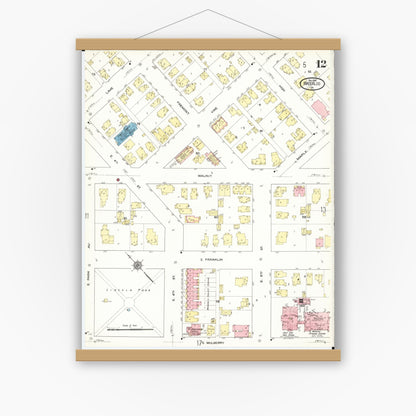 Old map wall art mockup — magnetic wood frame on white wall — Sanborn Fire Insurance Map from Waterloo, Black Hawk County, Iowa (1910), Sheet #0012