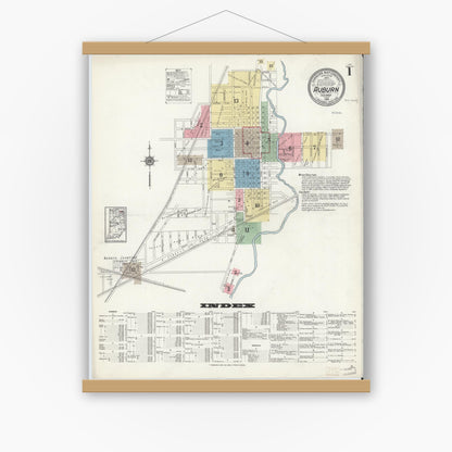 Old map wall art mockup — magnetic wood frame on white wall — Sanborn Fire Insurance Map from Auburn, De Kalb County, Indiana (1914) - Complete Map Set