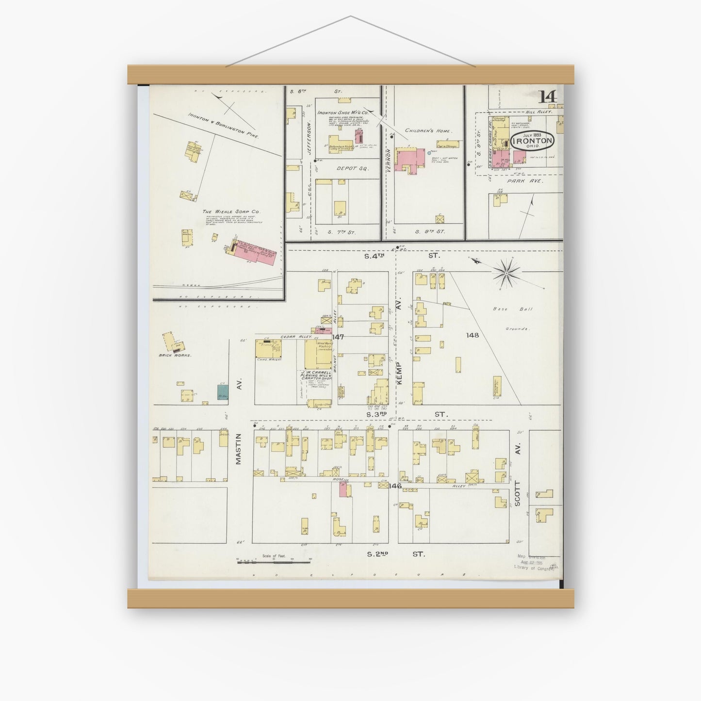 Old map wall art mockup — magnetic wood frame on white wall — Sanborn Fire Insurance Map from Ironton, Lawrence County, Ohio (1893), Sheet #0014