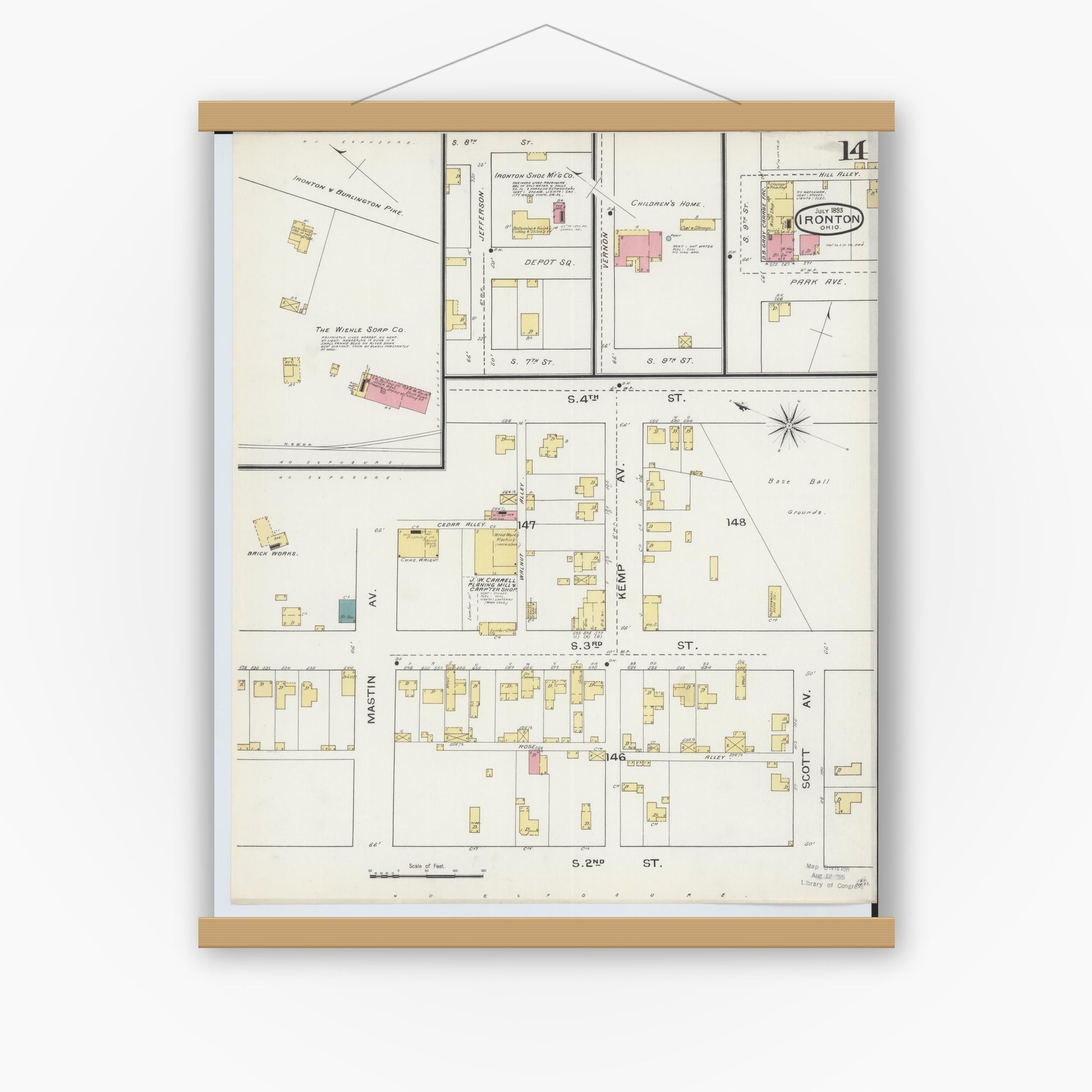 Old map wall art mockup — magnetic wood frame on white wall — Sanborn Fire Insurance Map from Ironton, Lawrence County, Ohio (1893), Sheet #0014