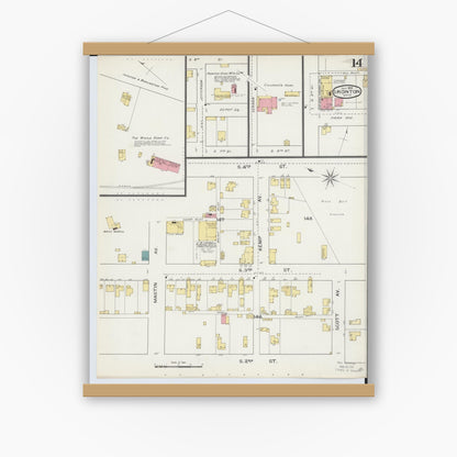 Old map wall art mockup — magnetic wood frame on white wall — Sanborn Fire Insurance Map from Ironton, Lawrence County, Ohio (1893), Sheet #0014