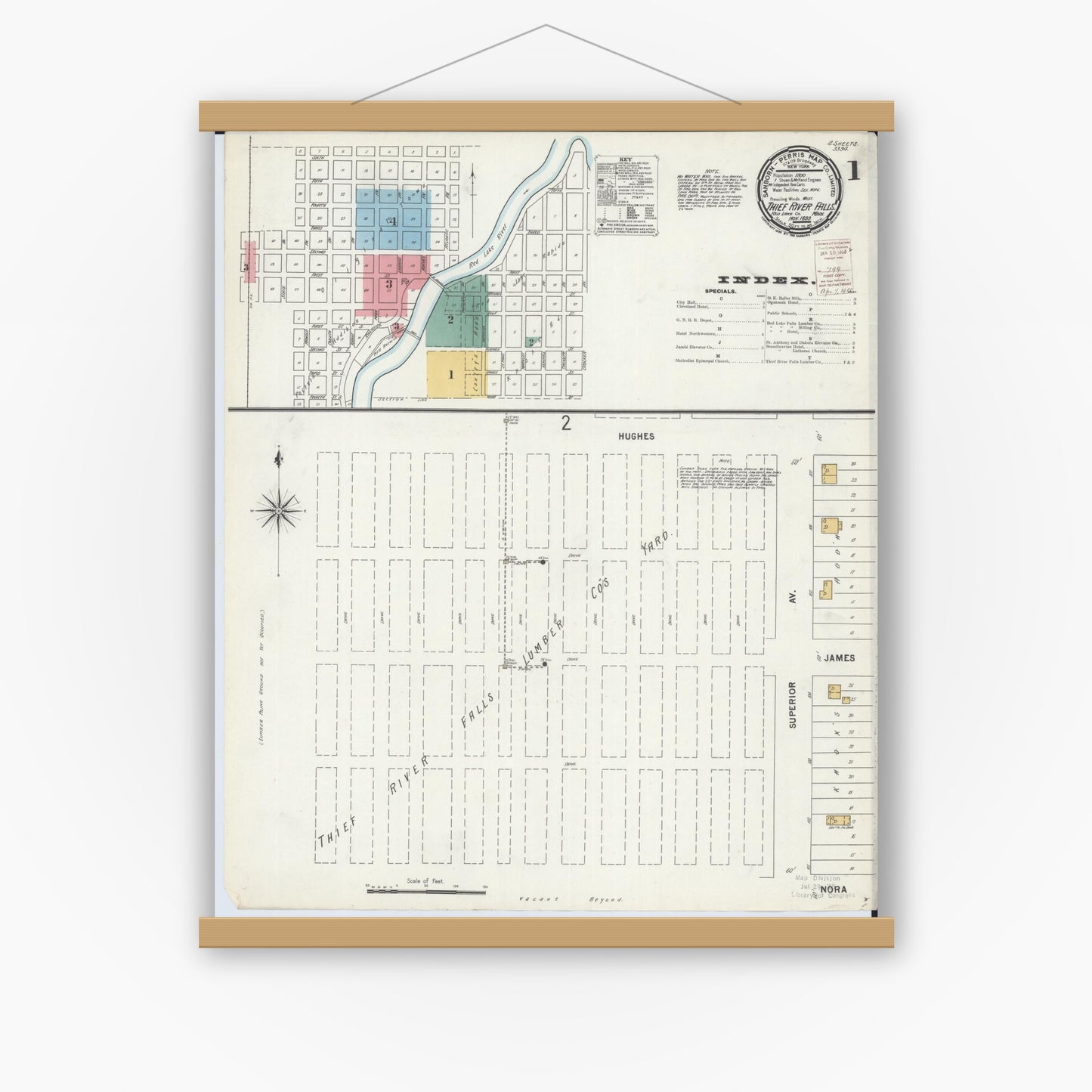Old map wall art mockup — magnetic wood frame on white wall — Sanborn Fire Insurance Map from Thief River Falls, Pennington County, Minnesota (1899) - Complete Map Set