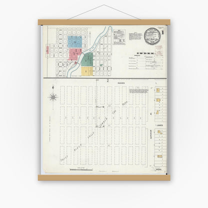 Old map wall art mockup — magnetic wood frame on white wall — Sanborn Fire Insurance Map from Thief River Falls, Pennington County, Minnesota (1899) - Complete Map Set