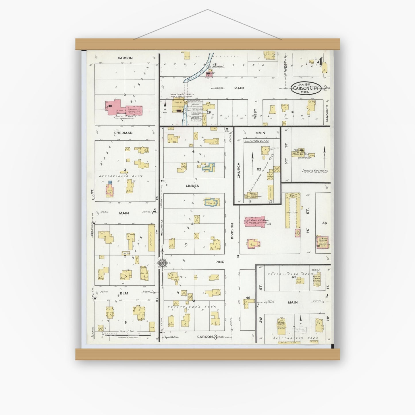 Old map wall art mockup — magnetic wood frame on white wall — Sanborn Fire Insurance Map from Carson City, Montcalm County, Michigan (1918), Sheet #0004