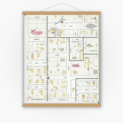 Old map wall art mockup — magnetic wood frame on white wall — Sanborn Fire Insurance Map from Carson City, Montcalm County, Michigan (1918), Sheet #0004