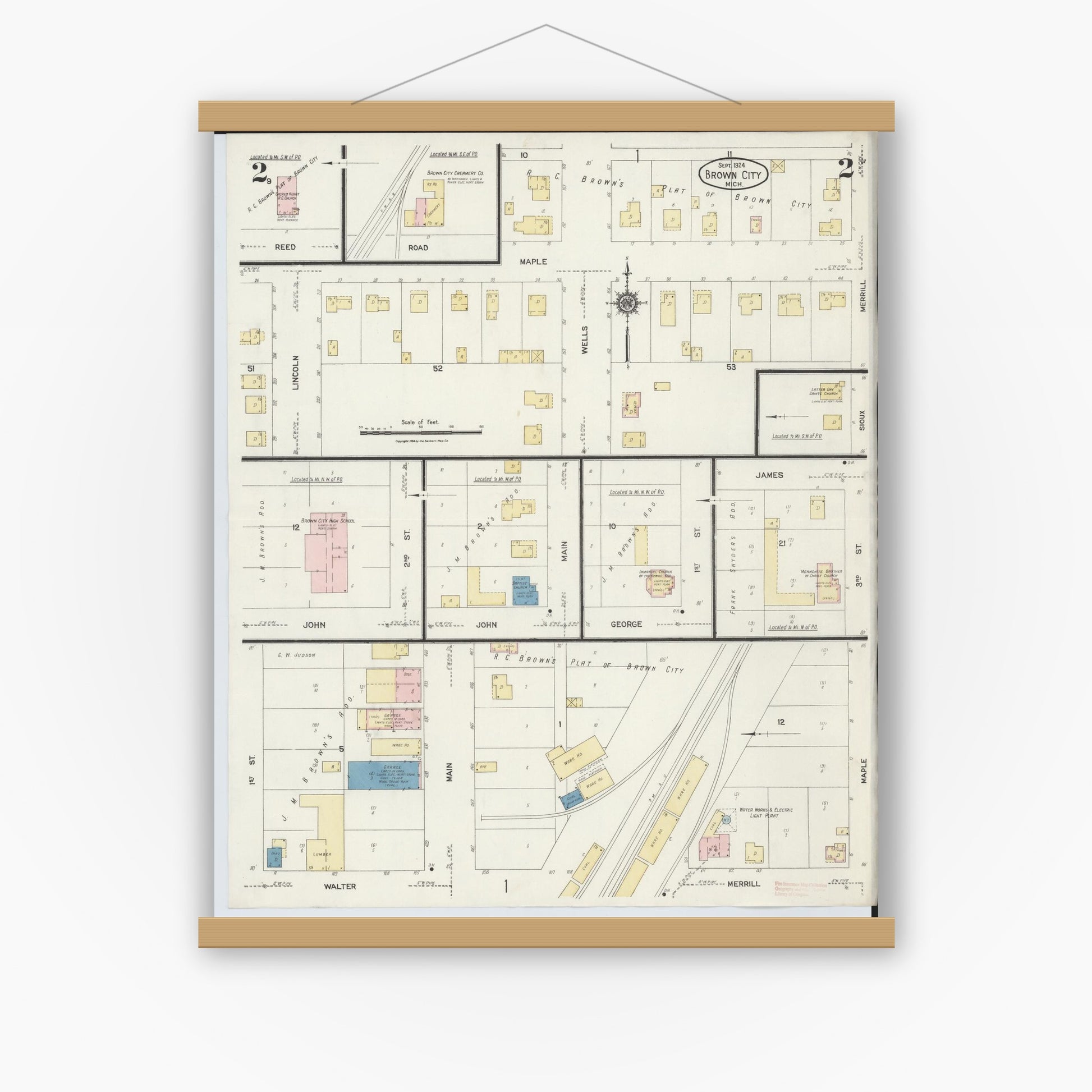Old map wall art mockup — magnetic wood frame on white wall — Sanborn Fire Insurance Map from Brown City, Sanilac County, Michigan (1924), Sheet #0002