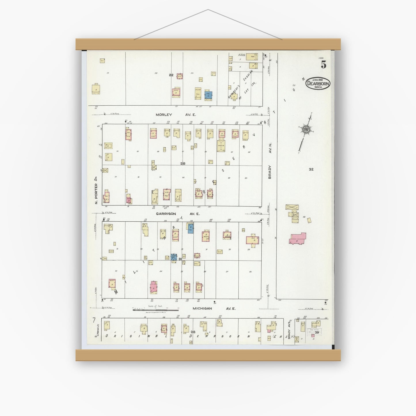 Old map wall art mockup — magnetic wood frame on white wall — Sanborn Fire Insurance Map from Dearborn, Wayne County, Michigan (1921), Sheet #0005