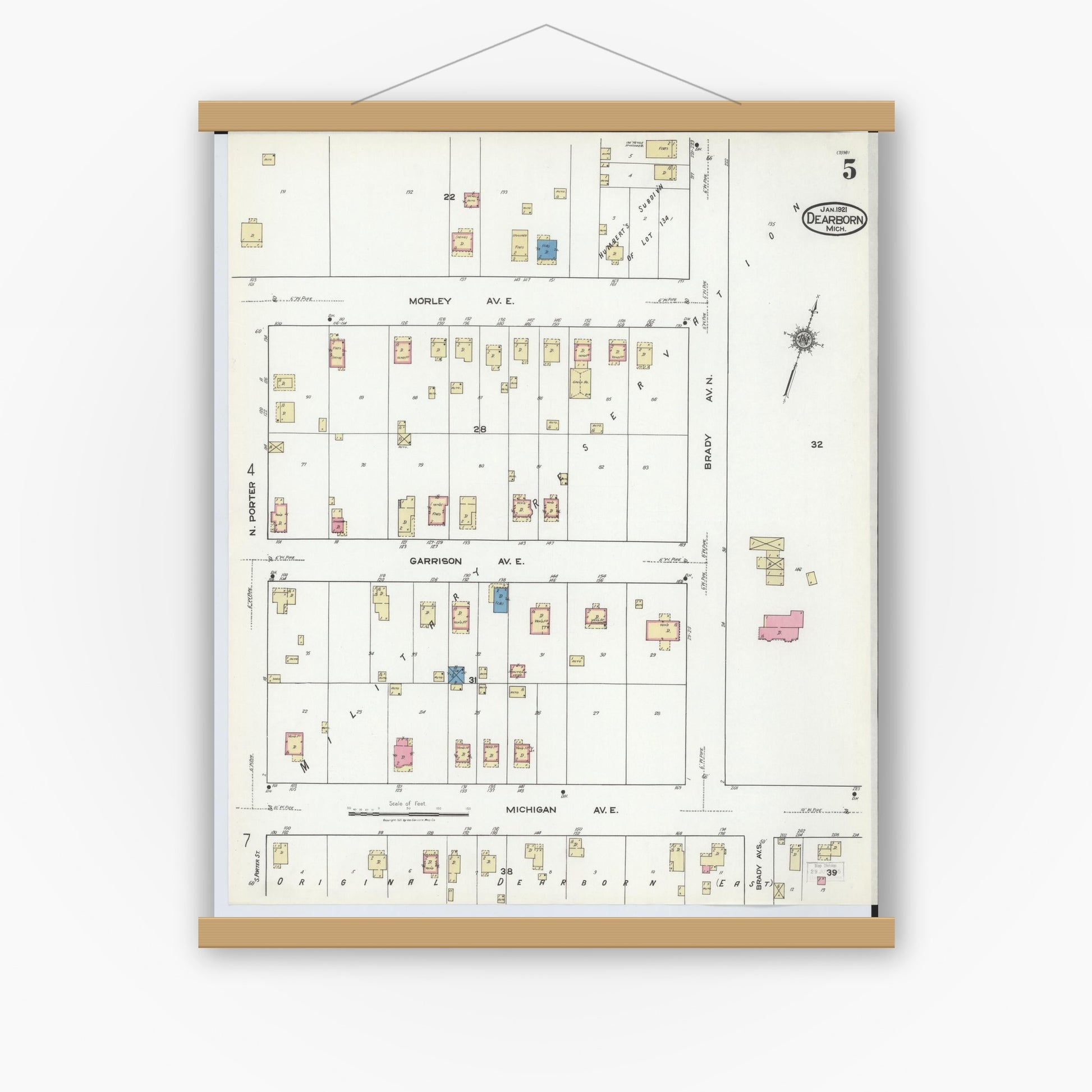 Old map wall art mockup — magnetic wood frame on white wall — Sanborn Fire Insurance Map from Dearborn, Wayne County, Michigan (1921), Sheet #0005