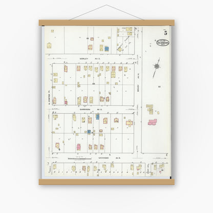 Old map wall art mockup — magnetic wood frame on white wall — Sanborn Fire Insurance Map from Dearborn, Wayne County, Michigan (1921), Sheet #0005