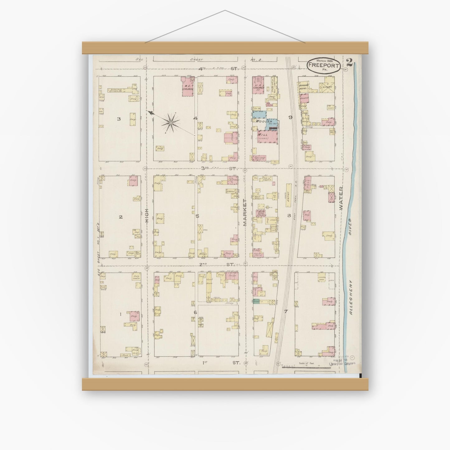 Old map wall art mockup — magnetic wood frame on white wall — Sanborn Fire Insurance Map from Freeport, Armstrong County, Pennsylvania (1886), Sheet #0002