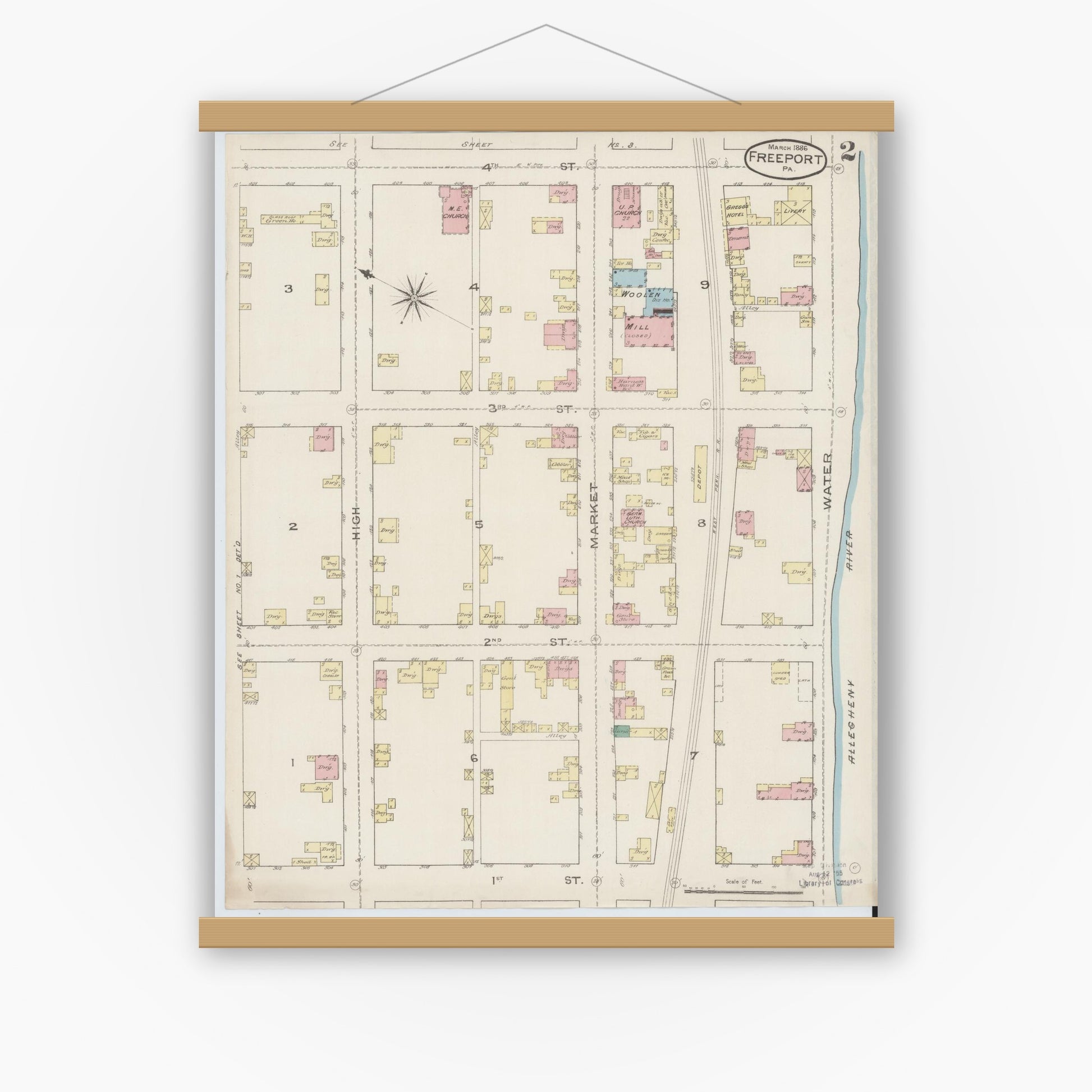 Old map wall art mockup — magnetic wood frame on white wall — Sanborn Fire Insurance Map from Freeport, Armstrong County, Pennsylvania (1886), Sheet #0002