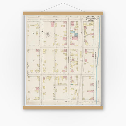 Old map wall art mockup — magnetic wood frame on white wall — Sanborn Fire Insurance Map from Freeport, Armstrong County, Pennsylvania (1886), Sheet #0002