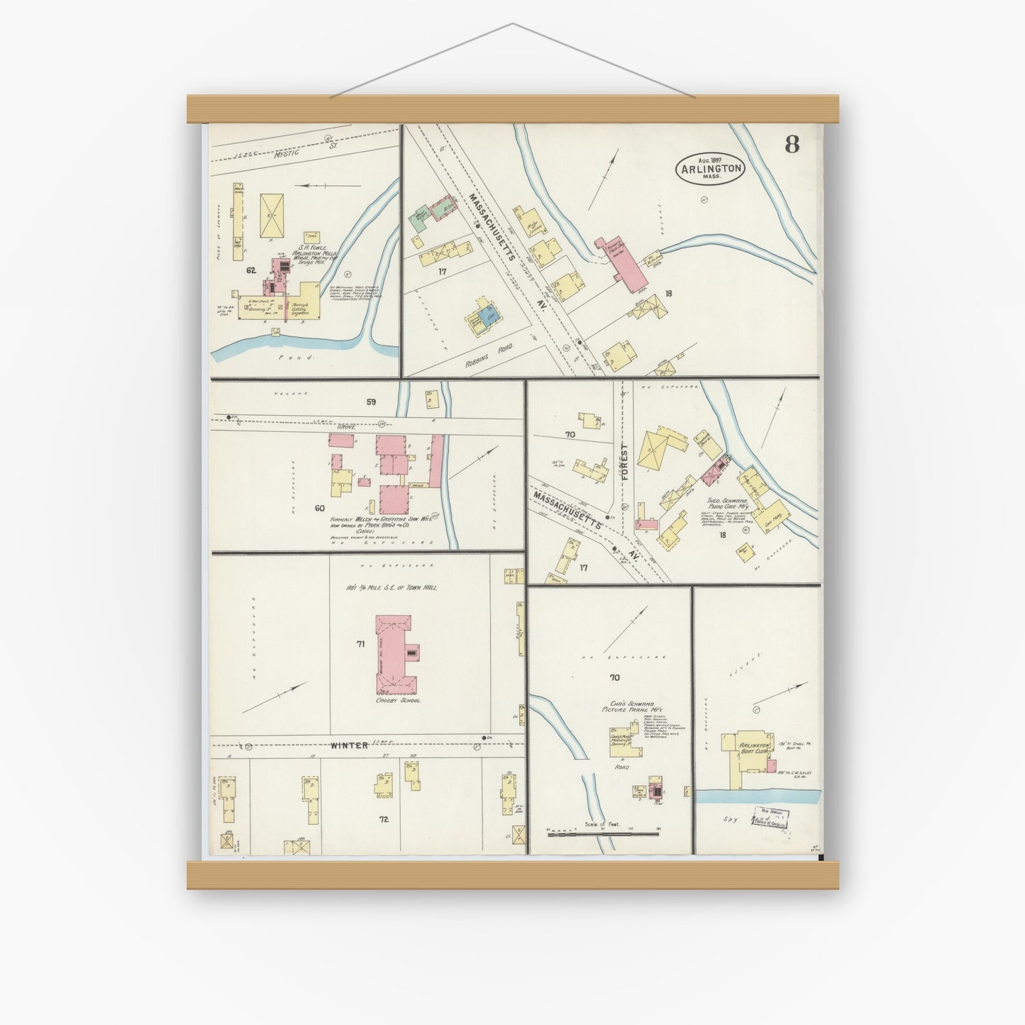 Old map wall art mockup — magnetic wood frame on white wall — Sanborn Fire Insurance Map from Arlington, Middlesex County, Massachusetts (1897), Sheet #0008