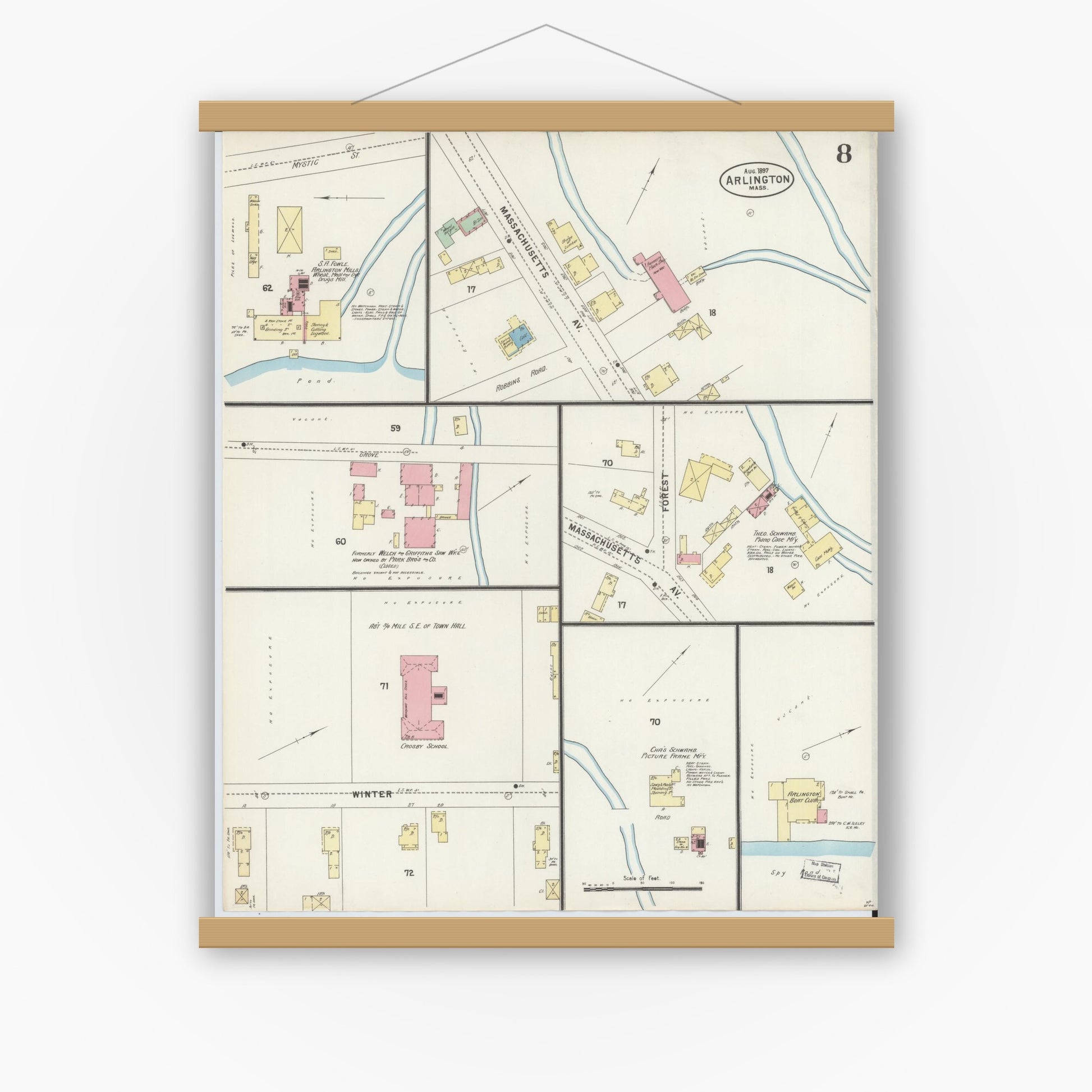 Old map wall art mockup — magnetic wood frame on white wall — Sanborn Fire Insurance Map from Arlington, Middlesex County, Massachusetts (1897), Sheet #0008