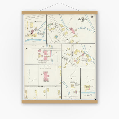 Old map wall art mockup — magnetic wood frame on white wall — Sanborn Fire Insurance Map from Arlington, Middlesex County, Massachusetts (1897), Sheet #0008