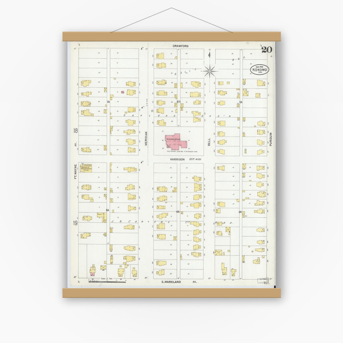 Old map wall art mockup — magnetic wood frame on white wall — Sanborn Fire Insurance Map from Kokomo, Howard County, Indiana (1902), Sheet #0020
