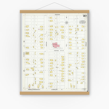 Old map wall art mockup — magnetic wood frame on white wall — Sanborn Fire Insurance Map from Kokomo, Howard County, Indiana (1902), Sheet #0020