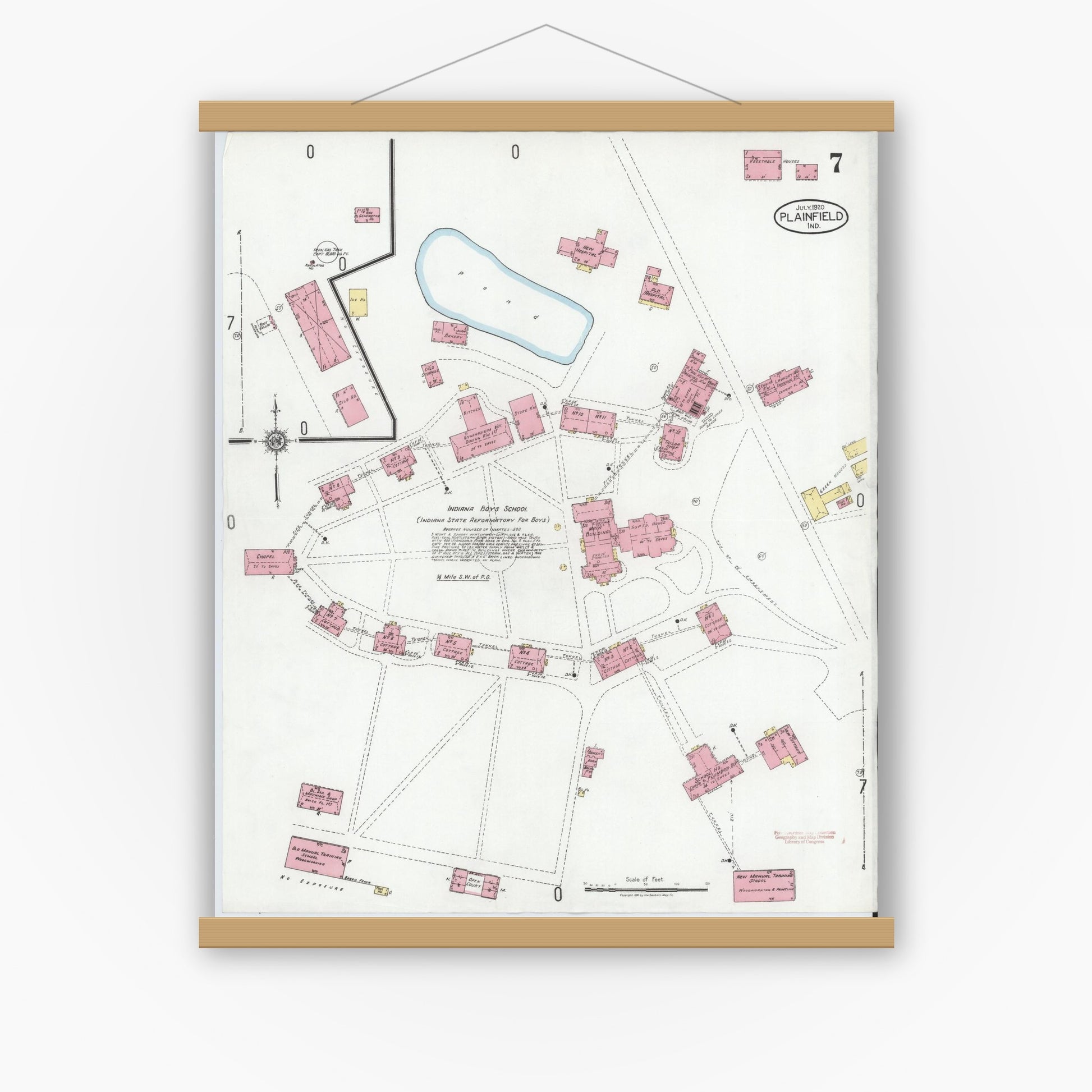 Old map wall art mockup — magnetic wood frame on white wall — Sanborn Fire Insurance Map from Plainfield, Hendricks County, Indiana (1920), Sheet #0007