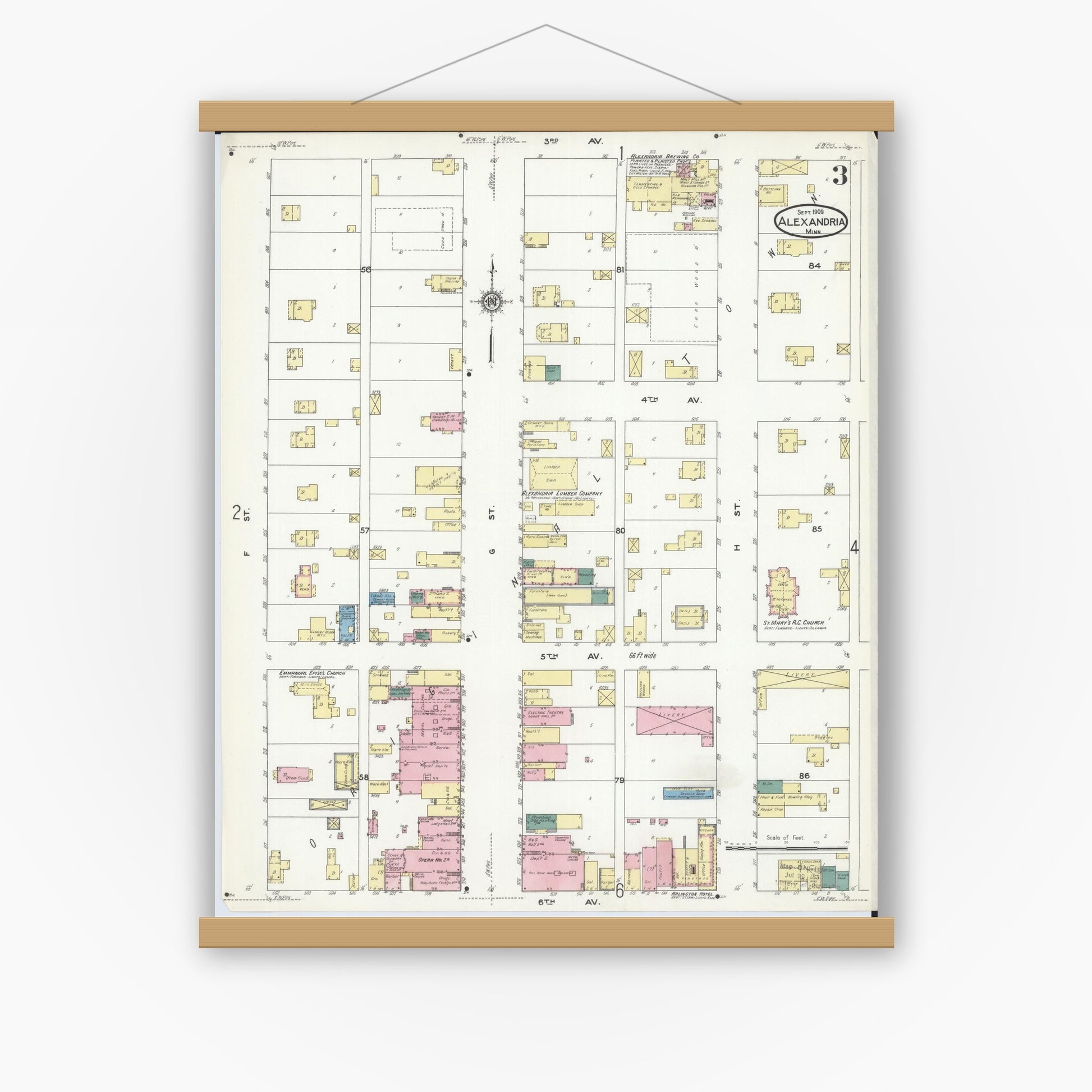 Old map wall art mockup — magnetic wood frame on white wall — Sanborn Fire Insurance Map from Alexandria, Douglas County, Minnesota (1909), Sheet #0003