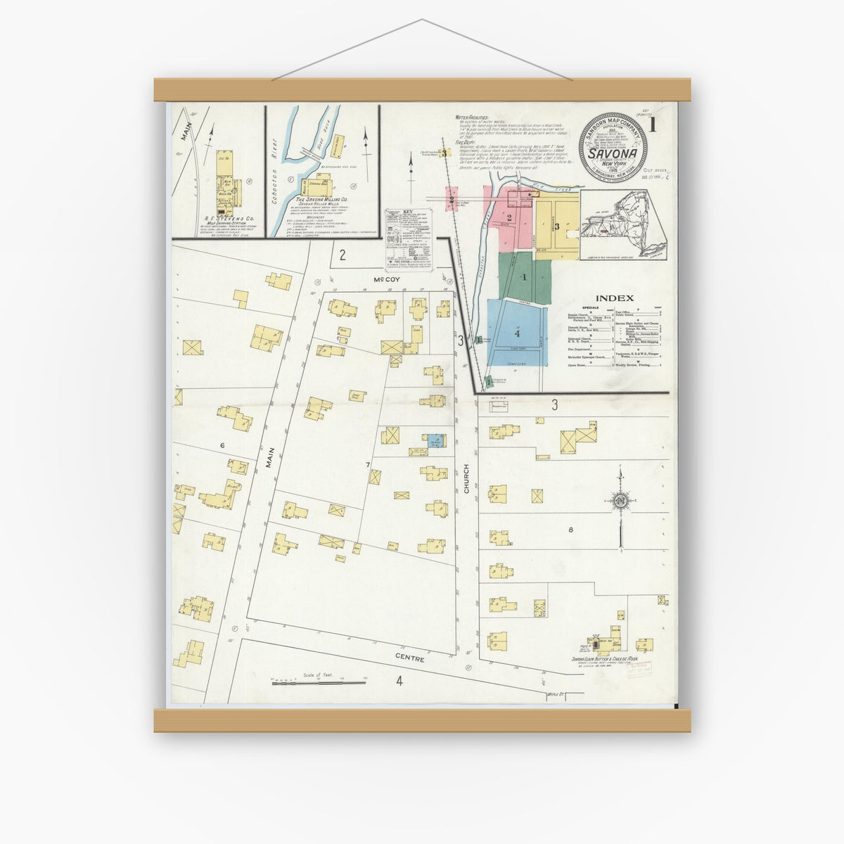 Old map wall art mockup — magnetic wood frame on white wall — Sanborn Fire Insurance Map from Savona, Steuben County, New York (1915) - Complete Map Set