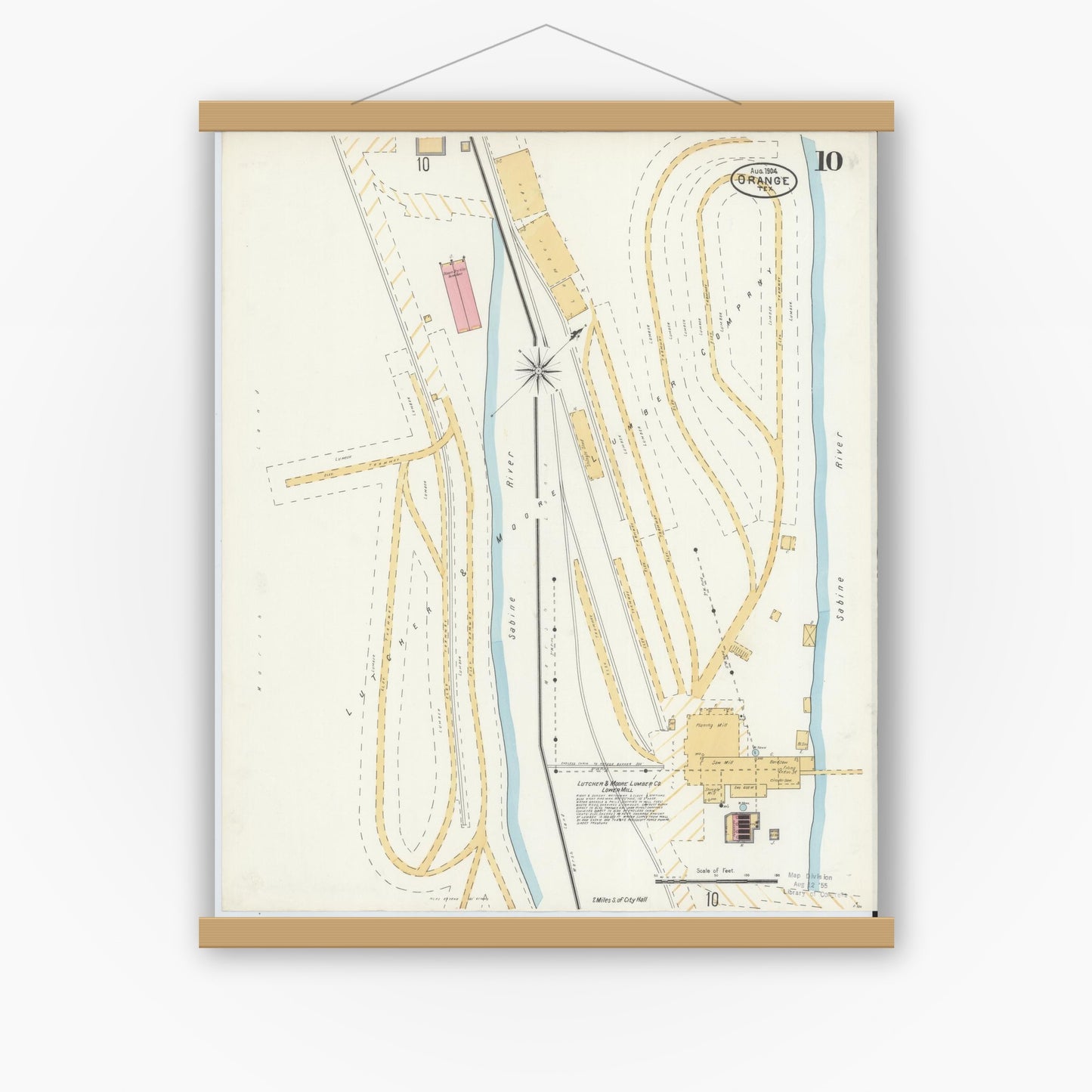 Old map wall art mockup — magnetic wood frame on white wall — Sanborn Fire Insurance Map from Orange, Orange County, Texas (1904), Sheet #0010