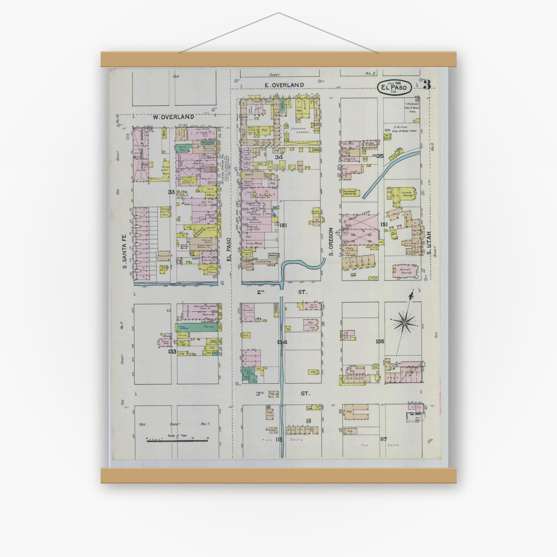 Old map wall art mockup — magnetic wood frame on white wall — Sanborn Fire Insurance Map from El Paso, El Paso County, Texas (1888), Sheet #0003