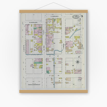 Old map wall art mockup — magnetic wood frame on white wall — Sanborn Fire Insurance Map from El Paso, El Paso County, Texas (1888), Sheet #0003