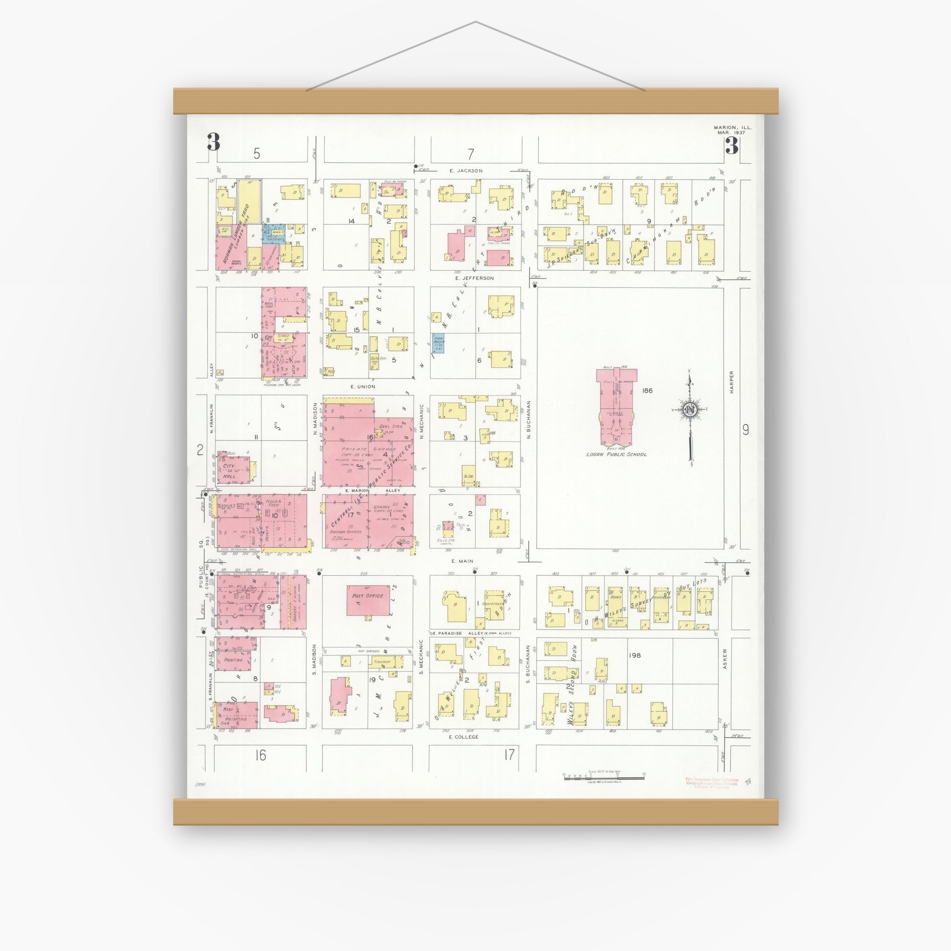 Old map wall art mockup — magnetic wood frame on white wall — Sanborn Fire Insurance Map from Marion, Williamson County, Illinois (1937), Sheet #0003