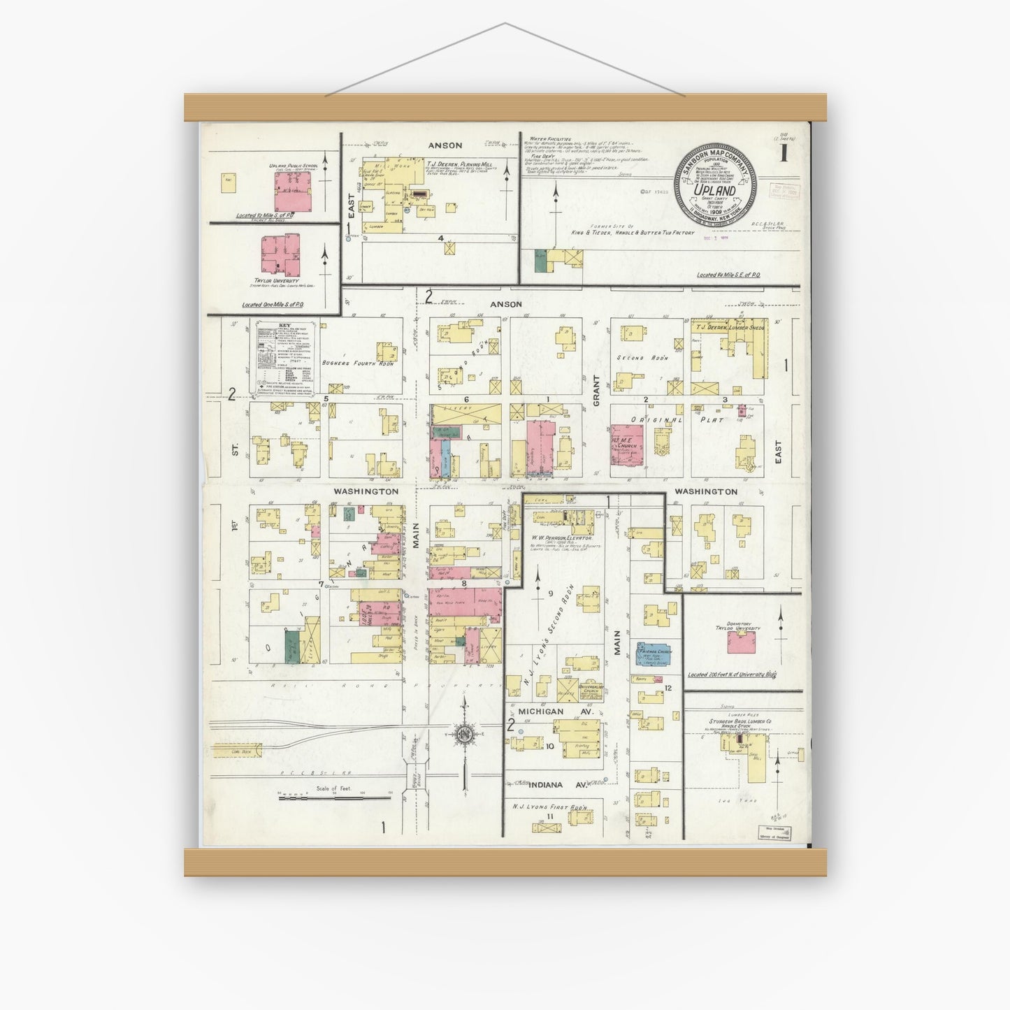 Old map wall art mockup — magnetic wood frame on white wall — Sanborn Fire Insurance Map from Upland, Grant County, Indiana (1909) - Complete Map Set