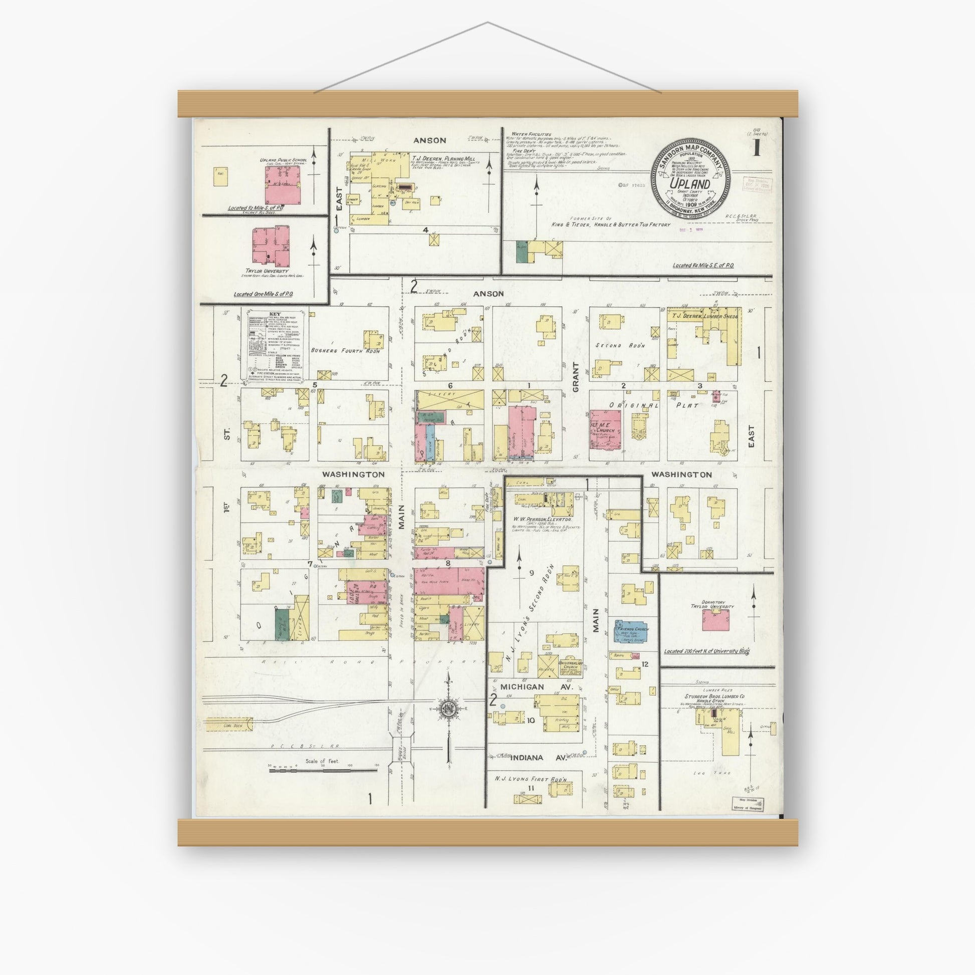 Old map wall art mockup — magnetic wood frame on white wall — Sanborn Fire Insurance Map from Upland, Grant County, Indiana (1909) - Complete Map Set